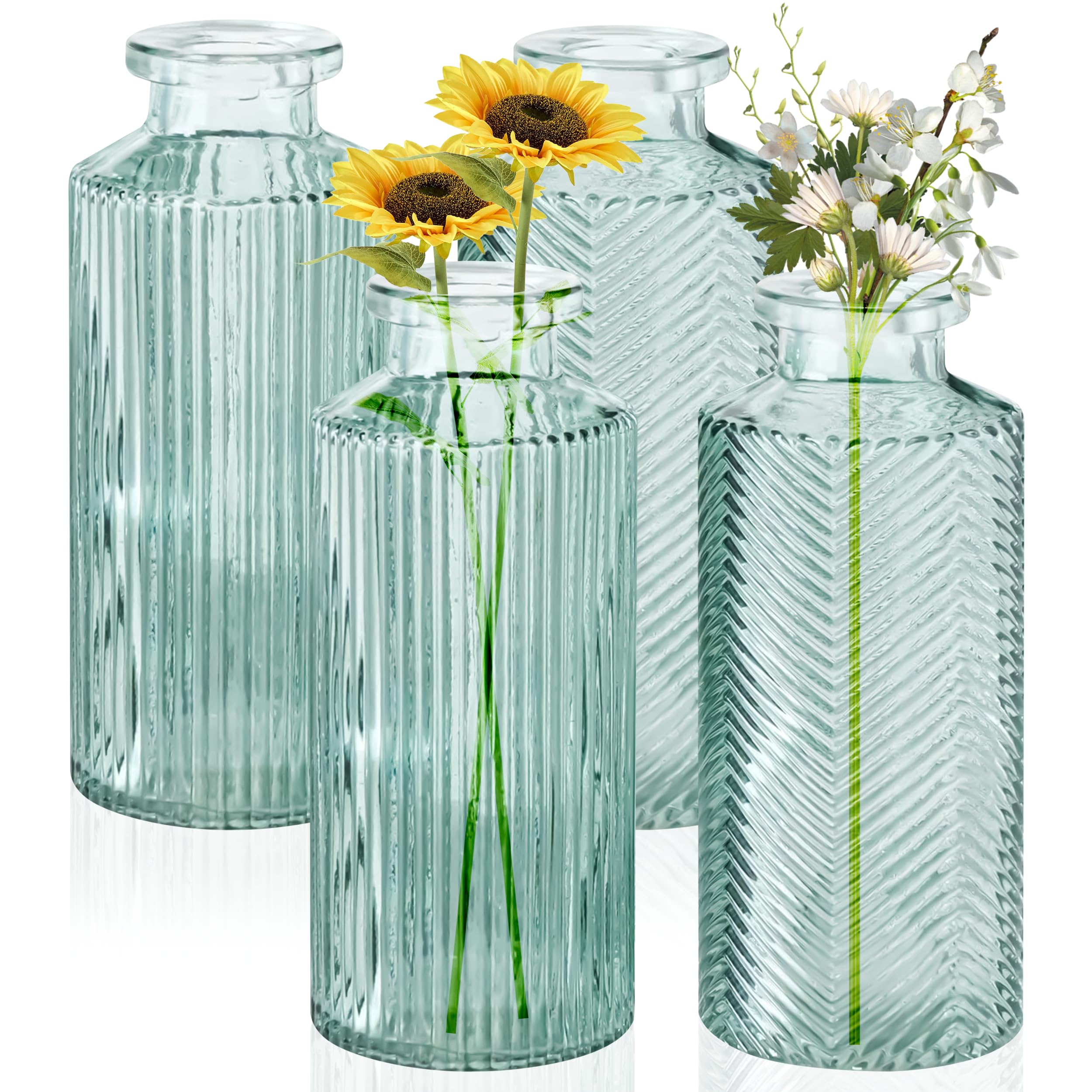 Set of 4 Decorative Glass Bottle Vases in Sage Green