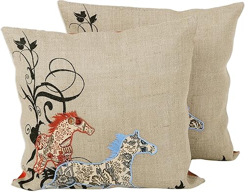 NOVICA Fundas de cojín hechas a mano de yute con motivo floral de caballo de la India, almohadas beige estampadas, diseño de retazos con temática de
