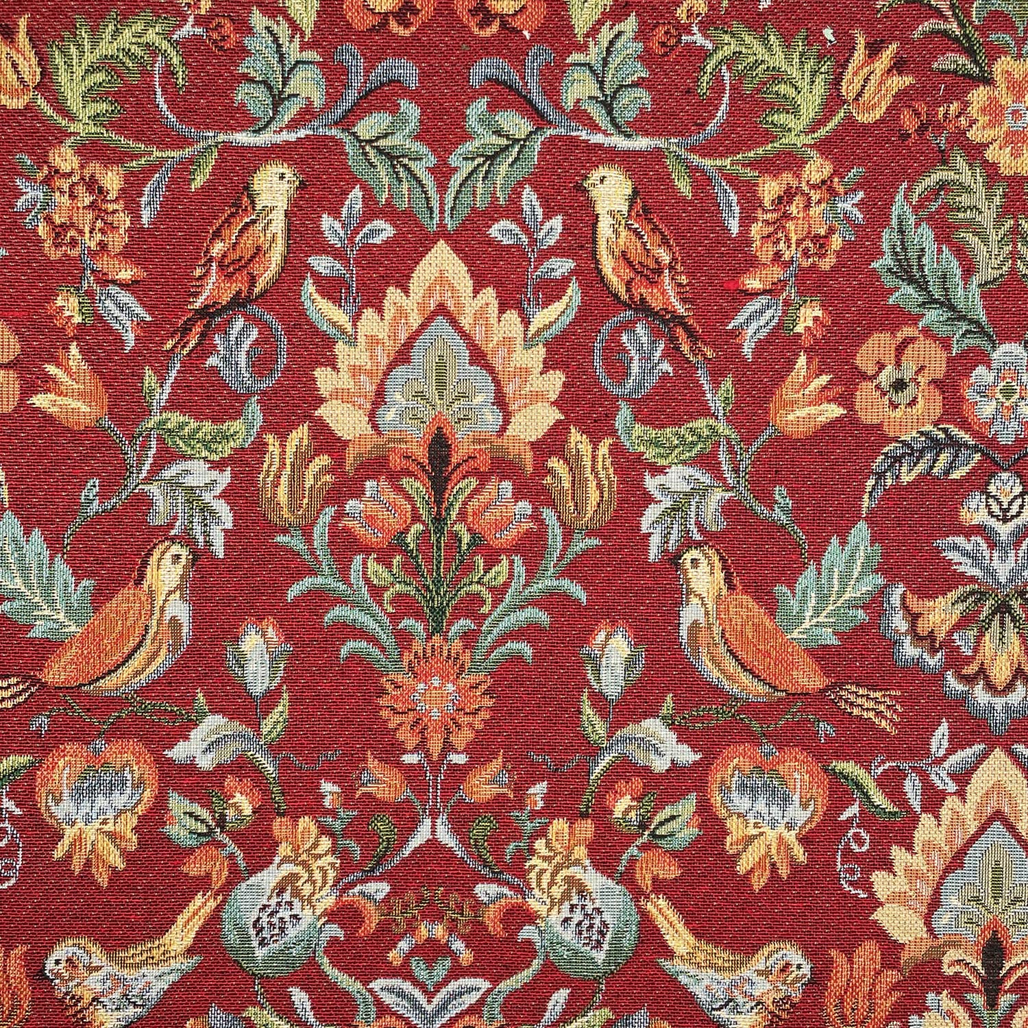 Tapestry Fabric - Medium Heavyweight Upholstery & Soft Furnishing Material - 'William Morris Bird & Flower Design on Red - Per Metre