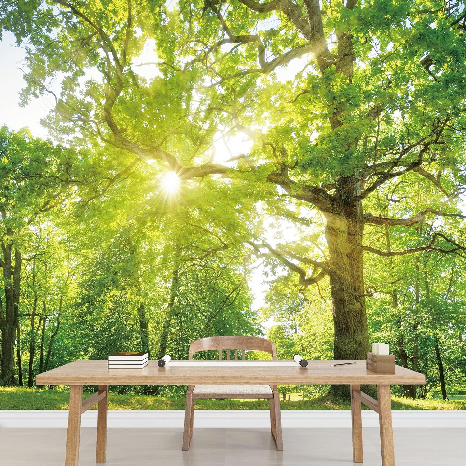 Sunshine Forest Wall Wallpaper, Grass Green Leaves Removable Art Decor Paintings, Self-Adhesive 3D Mural for Dining Room Sofa Background Wall Living Room,48" W x36 H-PVC