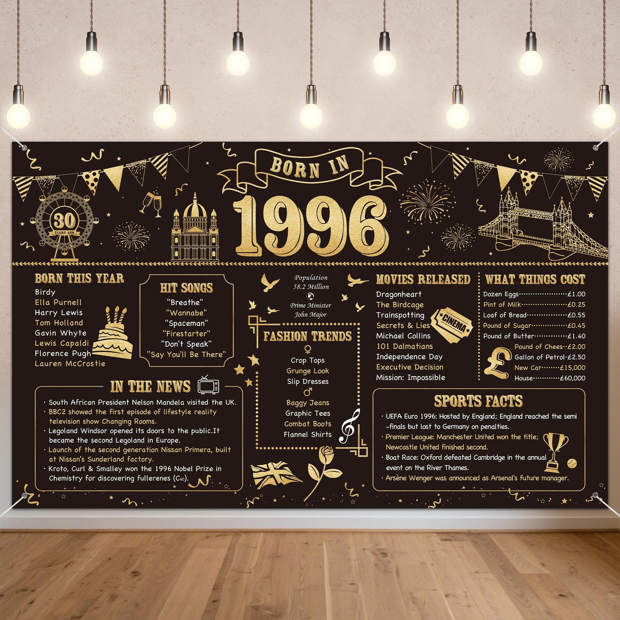 Benjia 30th Birthday Banner Decorations for Men Women Born in 1996 UK Background Happy 30 Years Old Birthday Backdrop Cheers to 30 Years Banners Black Gold Poster Bday Gift Home Decor Party Supplies