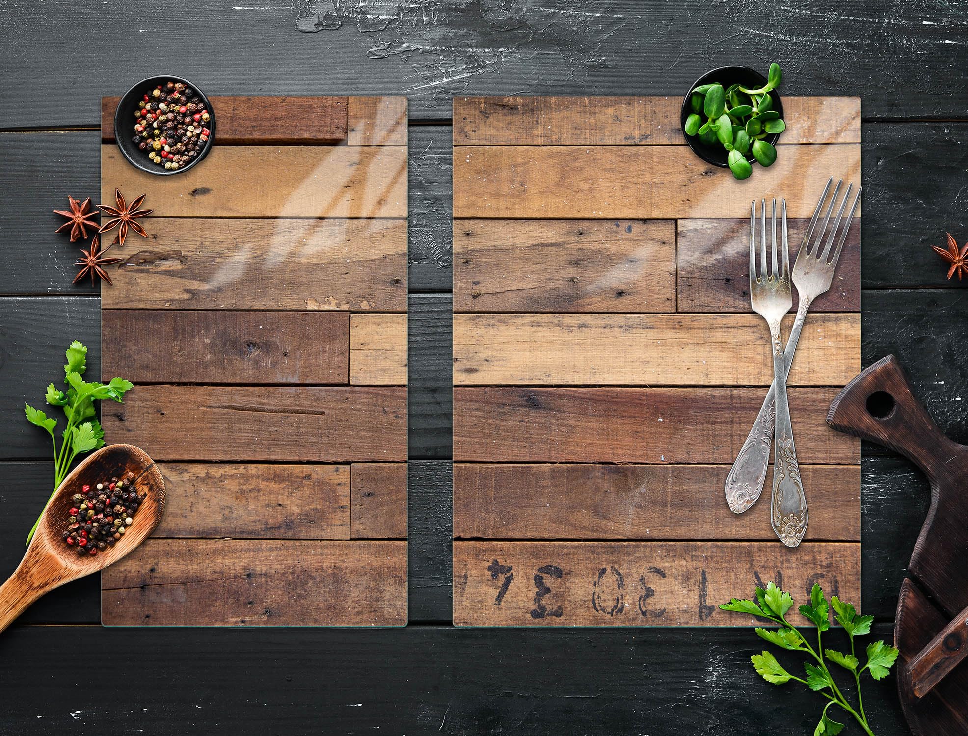 TMK ArtDeko Herdabdeckplatten Set 70 x 52 cm Ceranfeld Abdeckung Glas Spritzschutz Abdeckplatte Glasplatte Herd Ceranfeldabdeckung Deko Schneidebrett, Holz