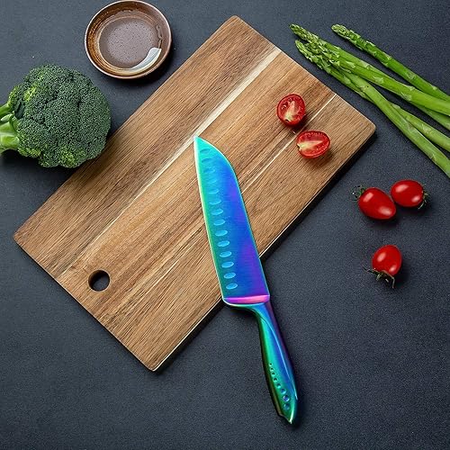 Vista 26 de WELLSTAR Santoku Cuchillo de cocina de 7 pulgadas, afilado estilo japonés con hoja de acero inoxidable de alto carbono, negro