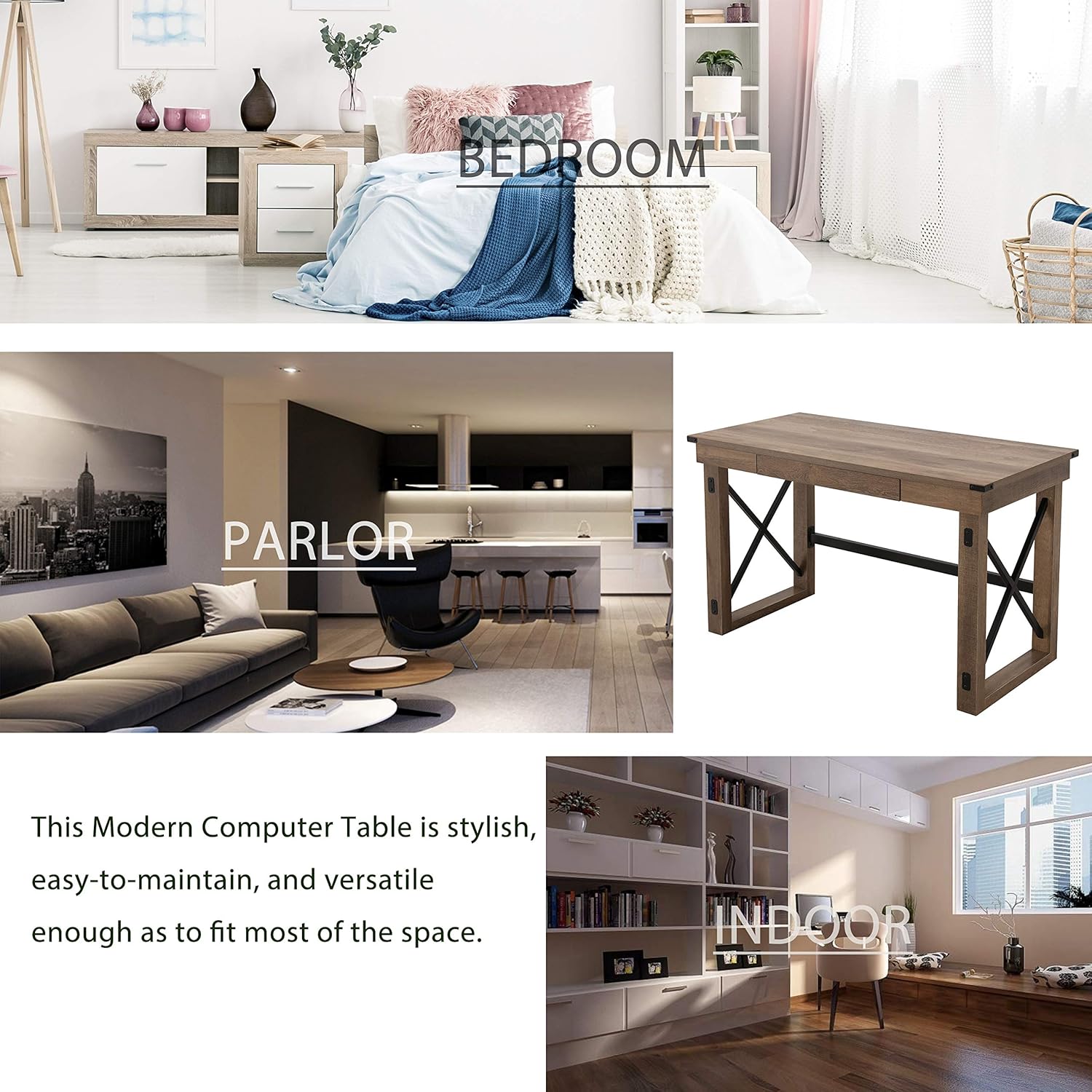 LOKATSE HOME Rustic Furniture Sturdy Modern Computer Table for Home Office, Wood and Metal Writing Desk with Drawer