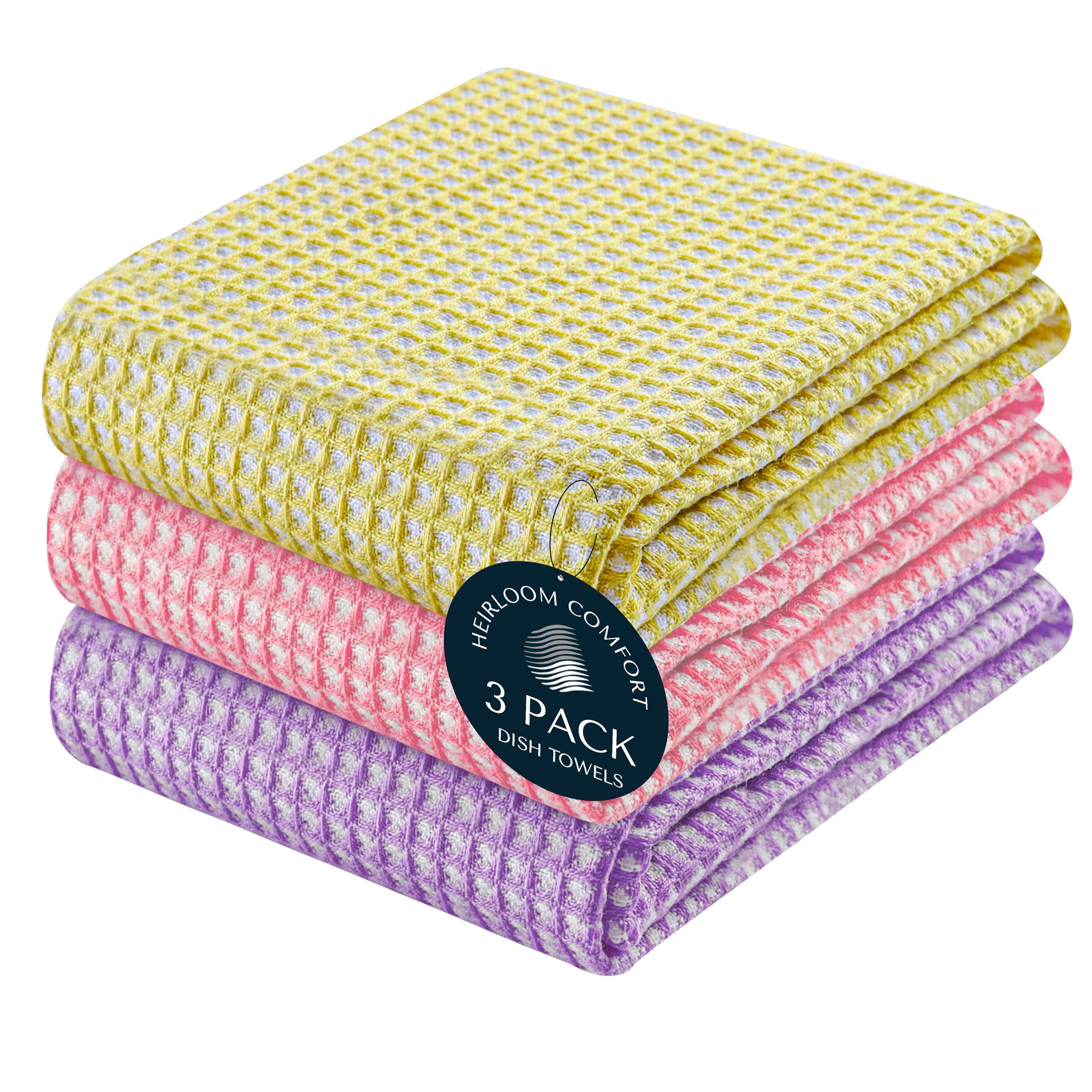 HEIRLOOM COMFORT 3 Pack 100% Cotton Multi Dual Waffle Weave Kitchen Towels, 40x66 cm, Super Absorbent, Quick Dry Dishcloth Set, Soft Hand Towels for Cleaning, Durable - Lemon Yellow, Pink, Lavender
