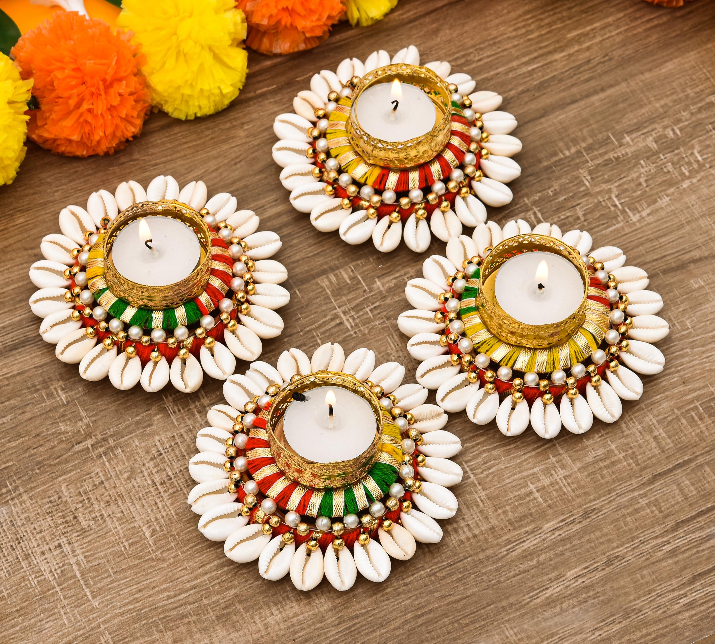 Metal 4 Pcs Heavy Design Hand Made Tea Light Candles Holder For Diwali Decoration | Decorative Diya Tealight Candle Holder | Diwali Diya For Home Decoration (Including 4 Tea Lights) D-5