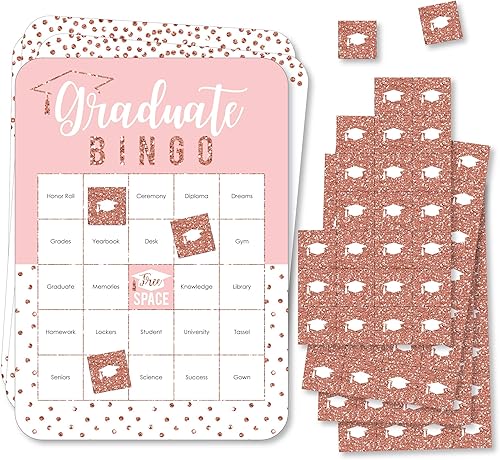Big Dot of Happiness Grad de oro rosa - Tarjetas de bingo y marcadores - Juego de bingo en forma de fiesta de graduación - Juego de 18