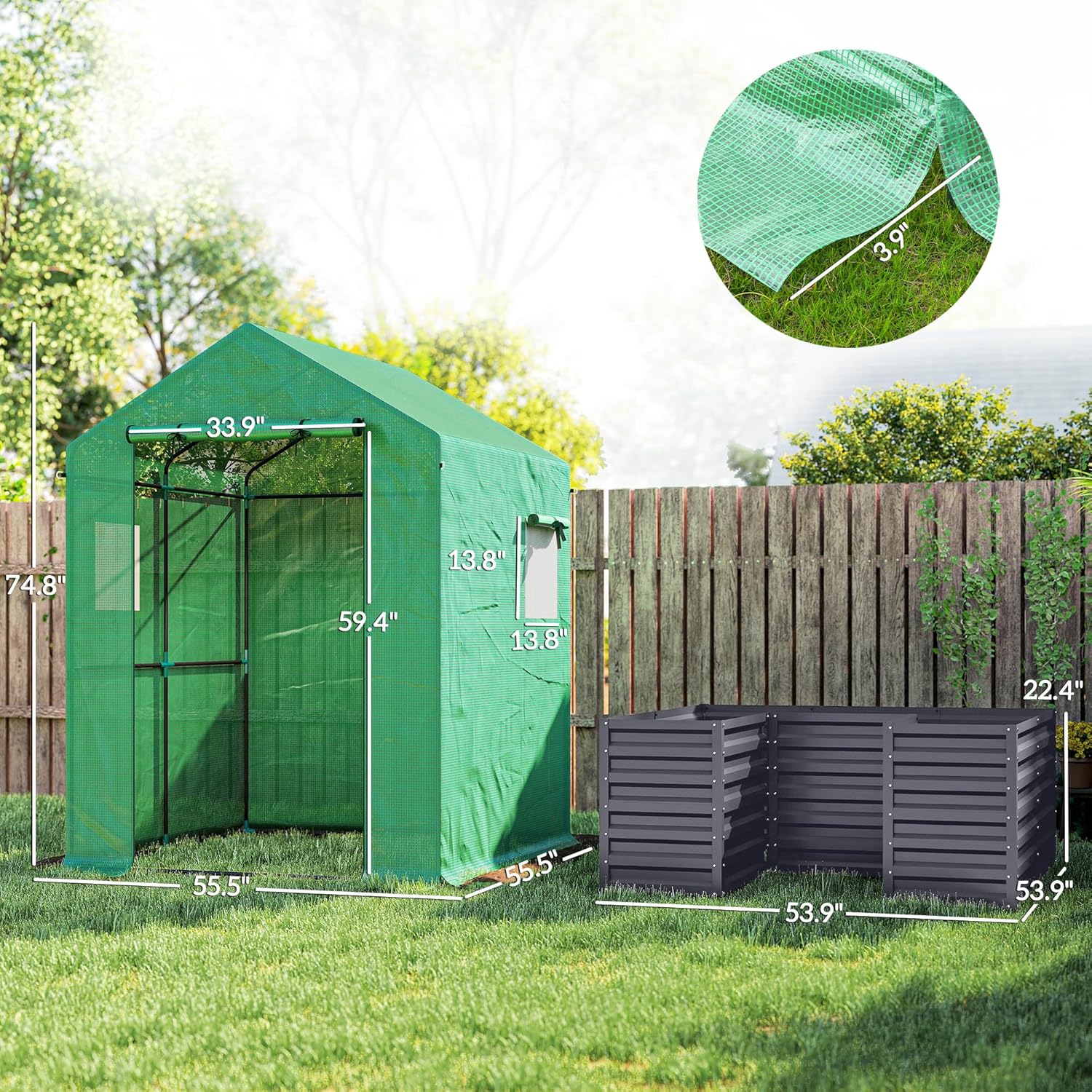 Outsunny Greenhouse with Raised Garden Bed, 56" x 56" x 75" Galvanized Steel Planter Box with PE Cover, Roll Up Door and Windows, Outdoor Greenhouse for Flowers Vegetables, Dark Gray