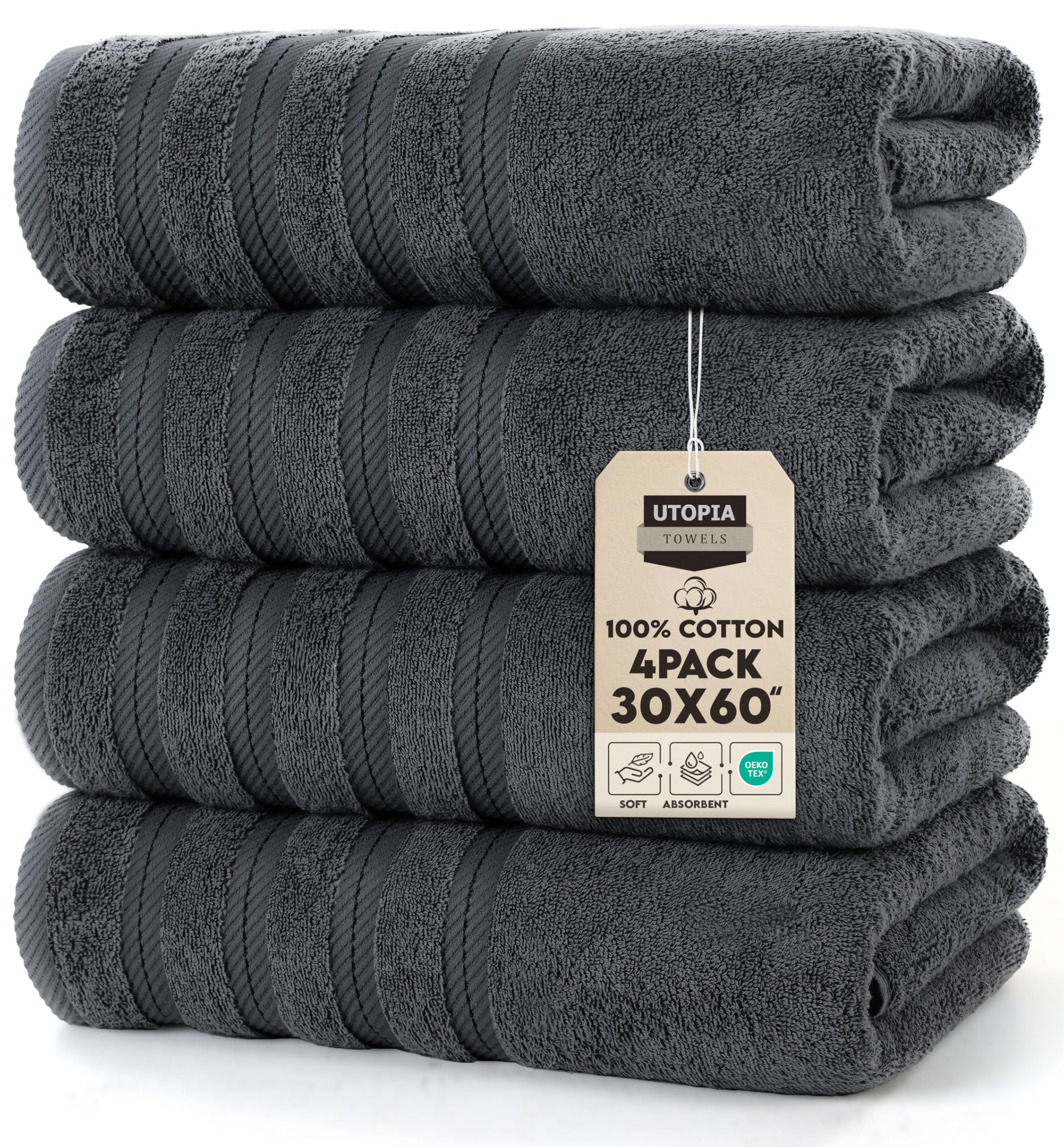 Utopia Towels 4 Pack Premium Extra Large Bath Towels Set, (30 x 60 Inches) 100% Ring Spun Cotton 500GSM, Lightweight and Highly Absorbent Quick Drying Towels, Perfect for Daily Use (Grey)