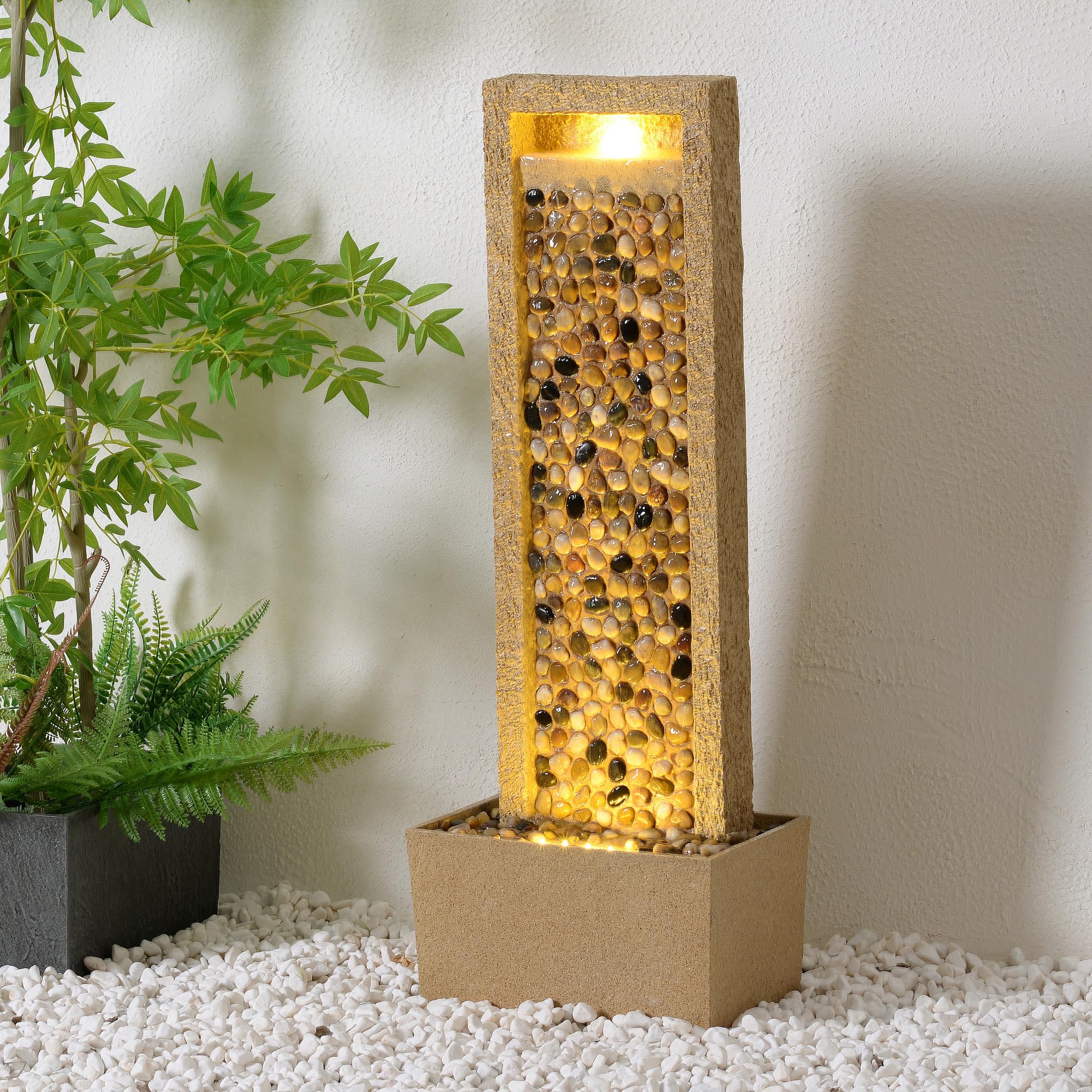 Teamson Home Fontana da giardino alta effetto roccia di fiume con luce LED flusso regolabile in poliresina marrone per patio e angoli esterni