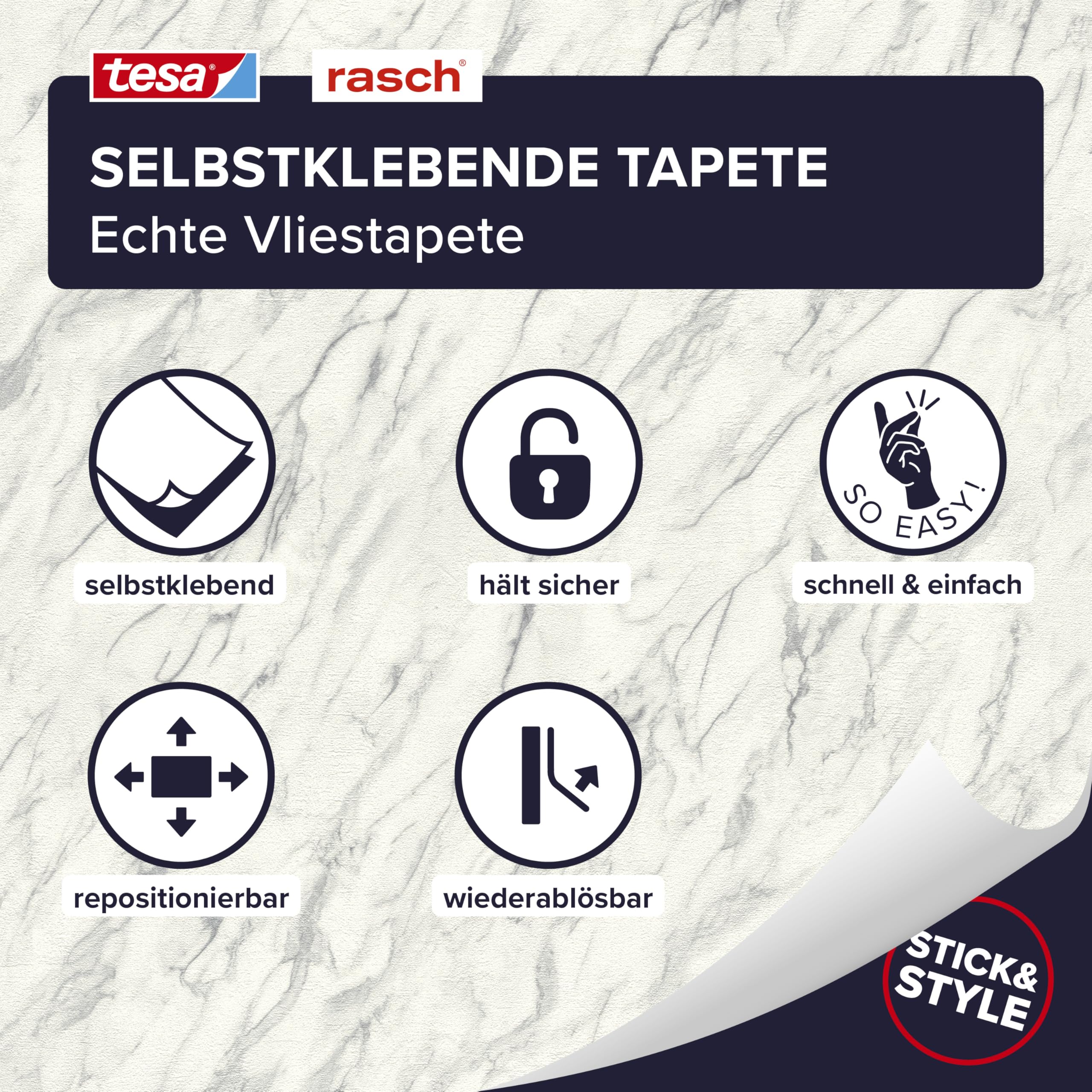 Rasch Selbstklebende Tapete Marmoroptik Carrara - Strukturierte Vliestapete Marmor in Grau und Cremeweiß - Einfaches Anbringen ohne Kleister mit tesa-Klebetechnologie - 6,00m x 0,53m
