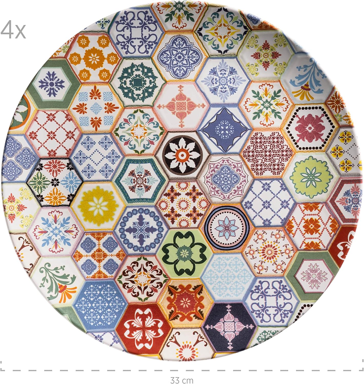 MÄSER Amarite Series, Large Round Charger Plates with Special Tile Decoration, Set of 4, Ideal as Pizza Plates, Serving Plates and Decorative Plates, 4 Jumbo Plates Made of High-Quality Ceramic