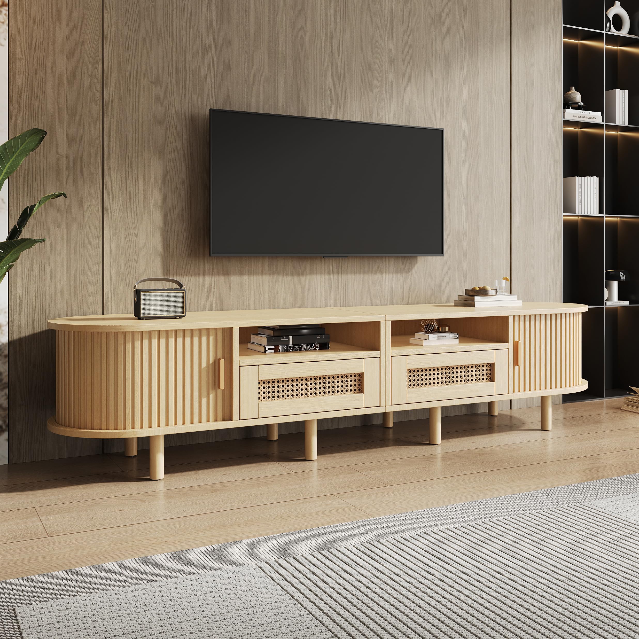 Merax TV Schrank Ovaler in Holzfarbe, Lowboard Fernsehtisch mit 2 Schiebetüren, 2 Rattan-Schubladen, TV-Regal für Fernseher bis zu 70 Zoll, Landhausstil Sideboard Fernsehschrank für Wohnzimmer, 170cm