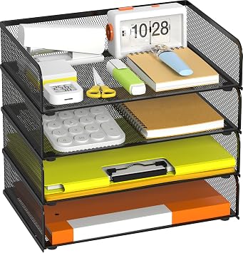 YINGHUA 4-Pack Metal Mesh Stackable Paper Letter Trays Organizer, Black