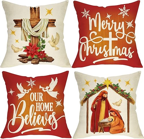 Ussap Juego de 4 fundas de almohada decorativas religiosas de Navidad con diseño de belén de Navidad, decoración de fundas de cojín cristianas de