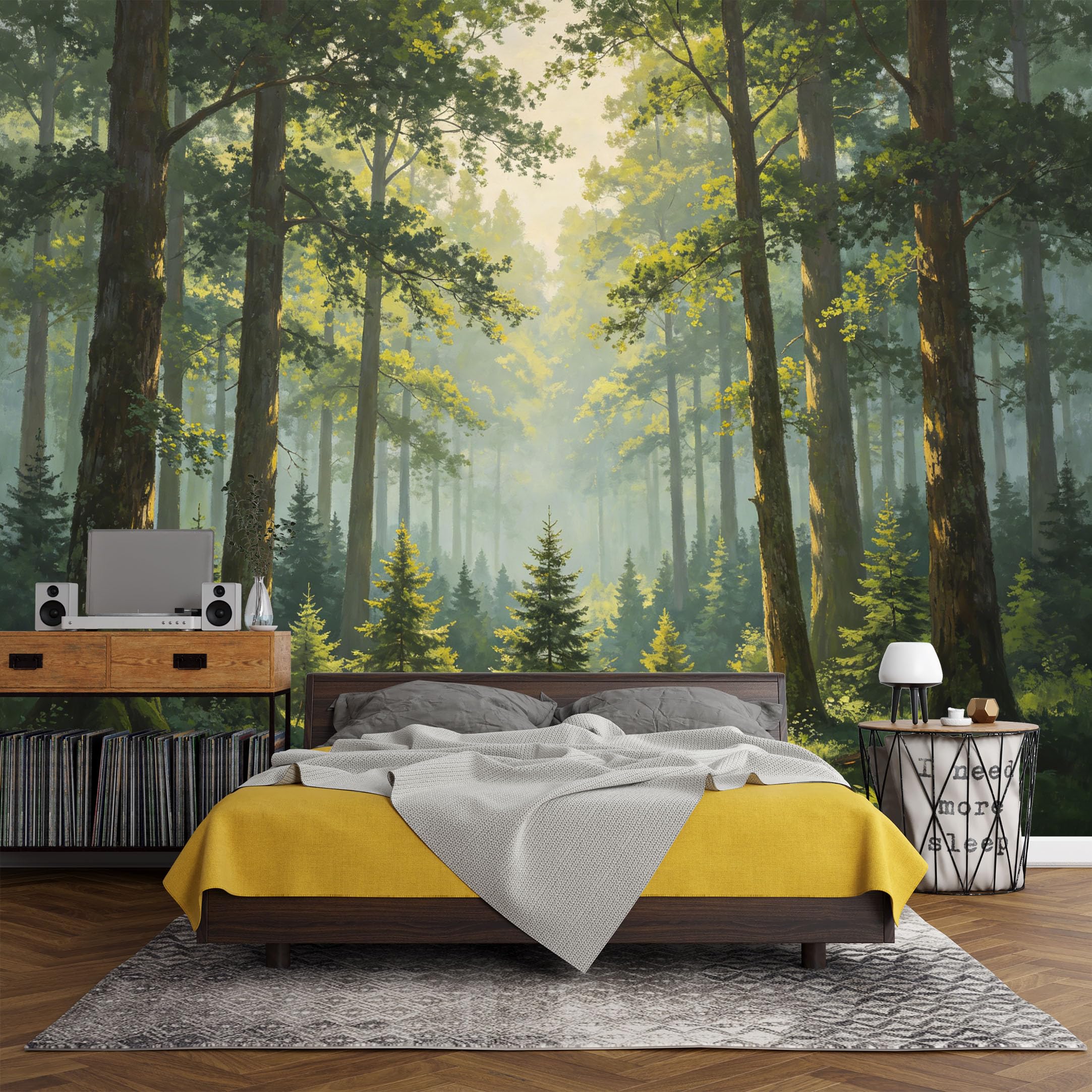 Custom Size Wall Mural， Forest Sunlight Pine Trees Landscape Nature Green Woodland，SelfAdhesive Art Prints wall Fabric (No PVC) Removable Wallpaper Living Room Decor
