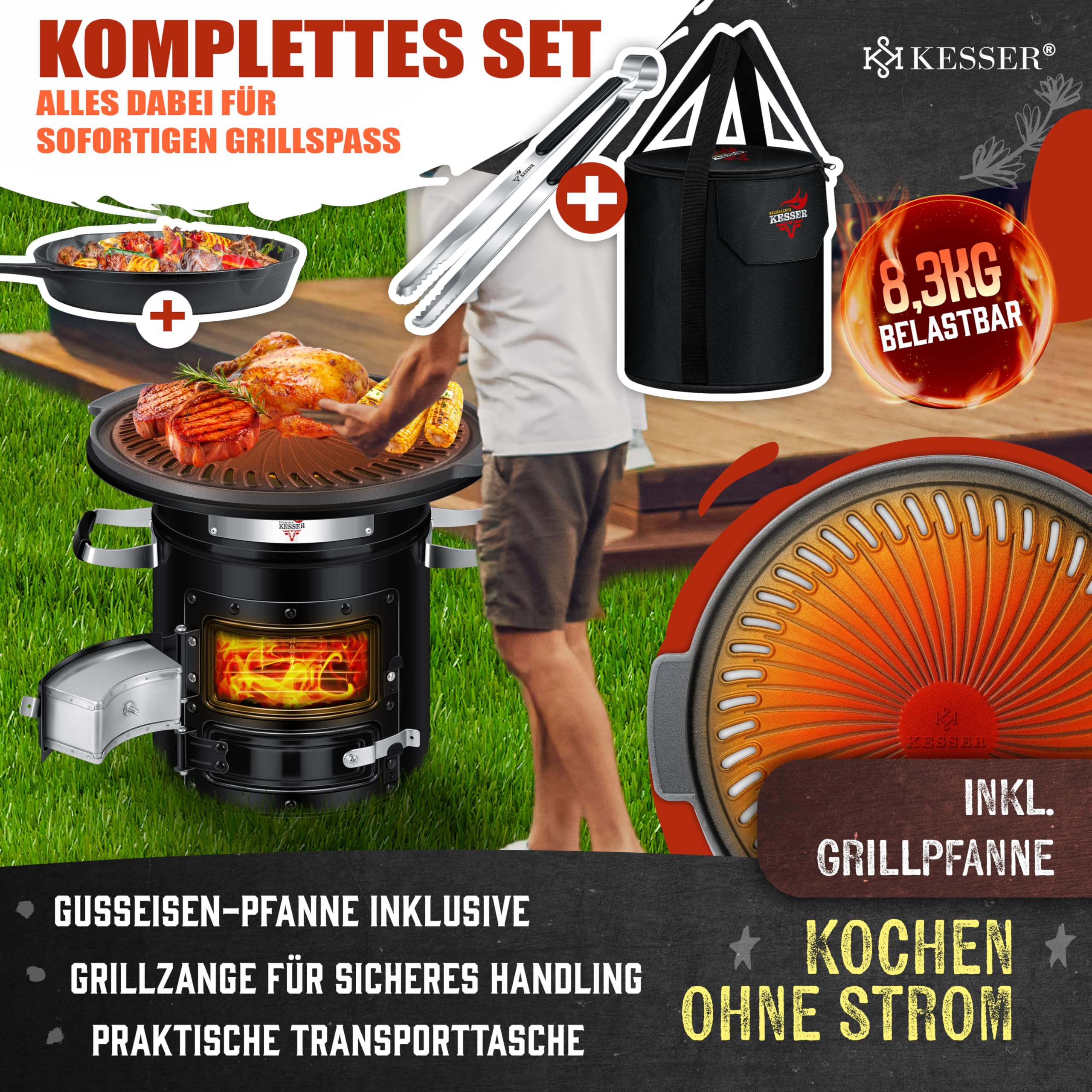 KESSER® Horno de Cohetes Con Sartén de Hierro Fundido, Parrilla, Pinzas y Bolsa de Transporte, Horno Holandés Para Barbacoa, Cohete de Leña, Camping, de Acero Inoxidable