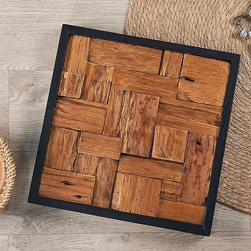 Miniatura 7 de Warmaxx Arte de pared cuadrado de madera de teca rústica de 17 x 17 pulgadas, collage de listones de granja, decoración de pared para el hogar, sala