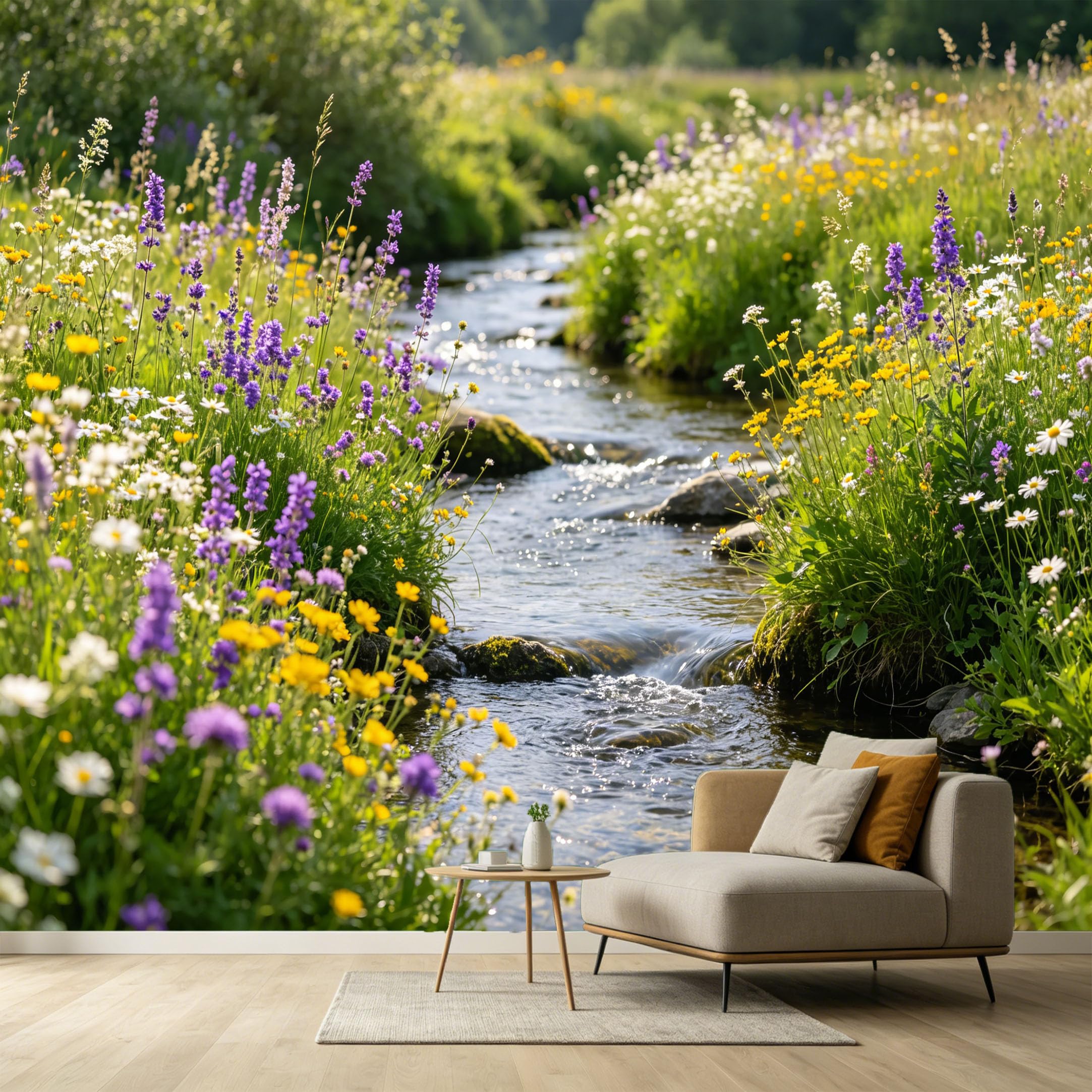 Custom Size Wall Murals Botanical Landscape Stream Wildflowers Watercolor Painting SelfAdhesive Wall Fabric Removable Large Wallpaper for Photo Living Room