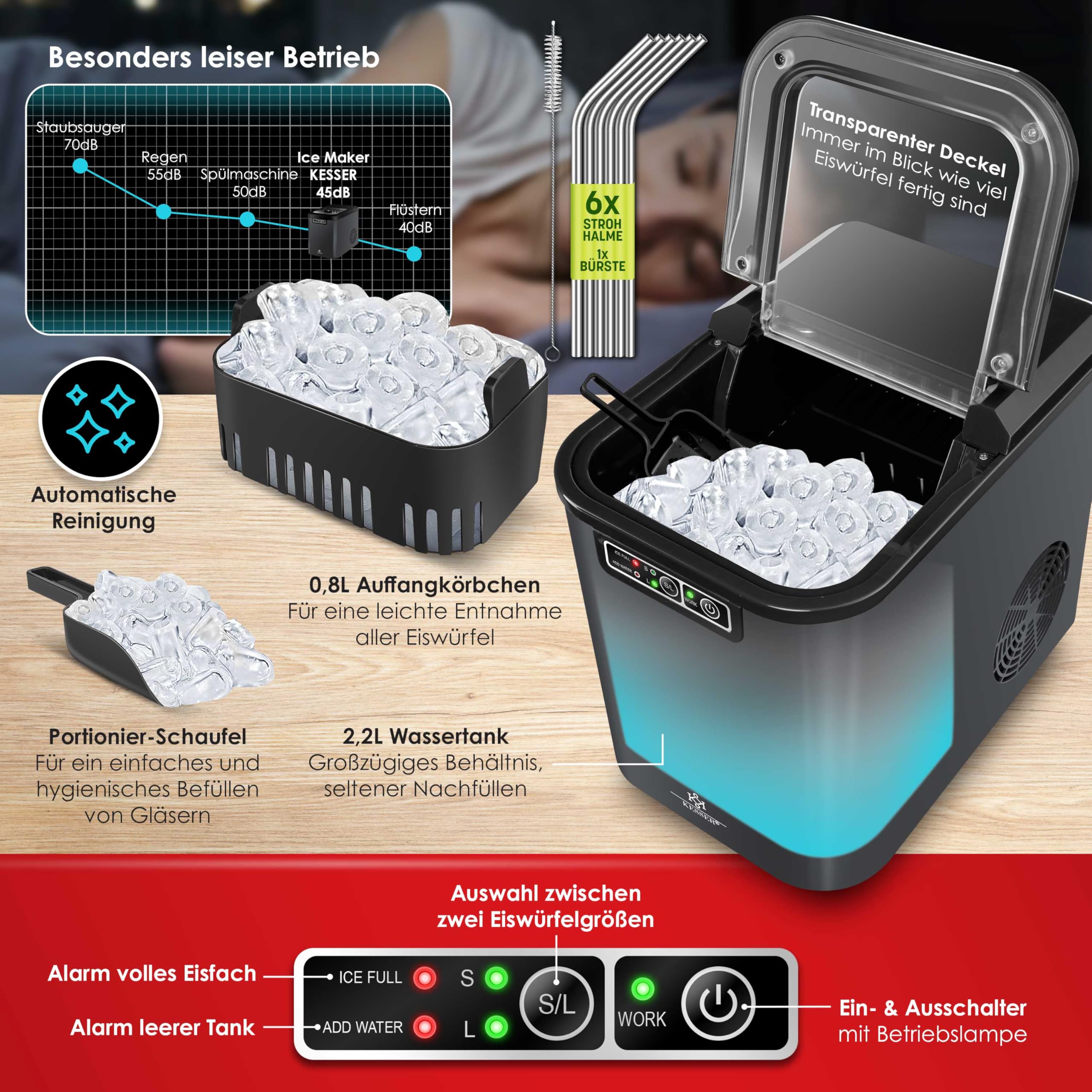 Macchina Per Ghiaccio Tillvex - 12 Kg/24h, Acciaio Inox, Serbatoio 2,2L, 2 Misure Cubetti, Autopulizia - Foto 8