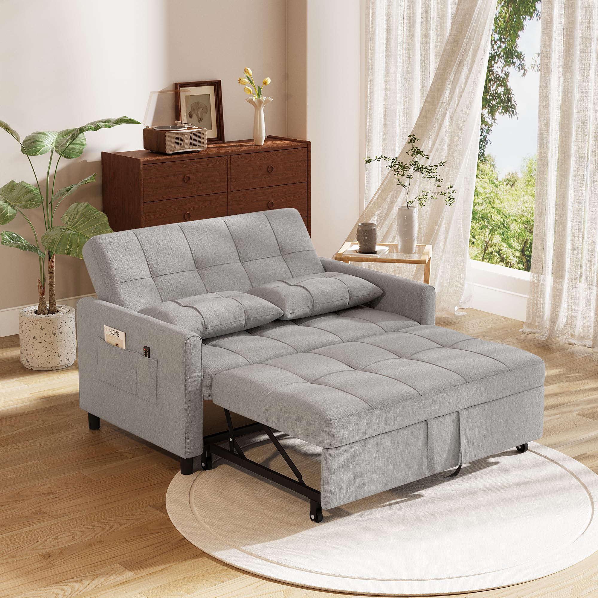 Divano Letto 2 Posti 3 in 1,Divano Matrimoniale Prontoletto Estraibile con 2 Guanciali e Tasche Laterali per Soggiorno, Camera da Letto o Ufficio,132X80X90cm,Grigio chiaro