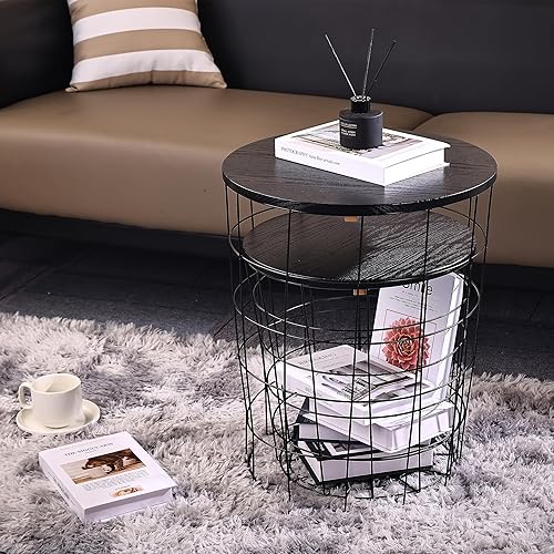 Miniatura 8 de Mesa auxiliar de mesa anidable, base de cesta de alambre con tapas de madera, juego de 2, gris