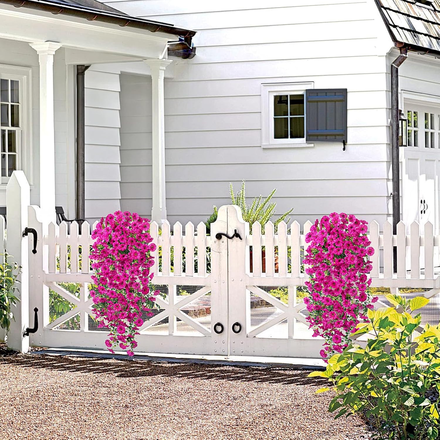 Artificial Hanging Flowers for Outdoor, 2pcs Fake Plants Long Vine Morning Glory Eucalyptus, UV Resistant Realistic Faux Greenery Indoor Outside Patio Porch Garden Spring Summer Decor, Light Purple