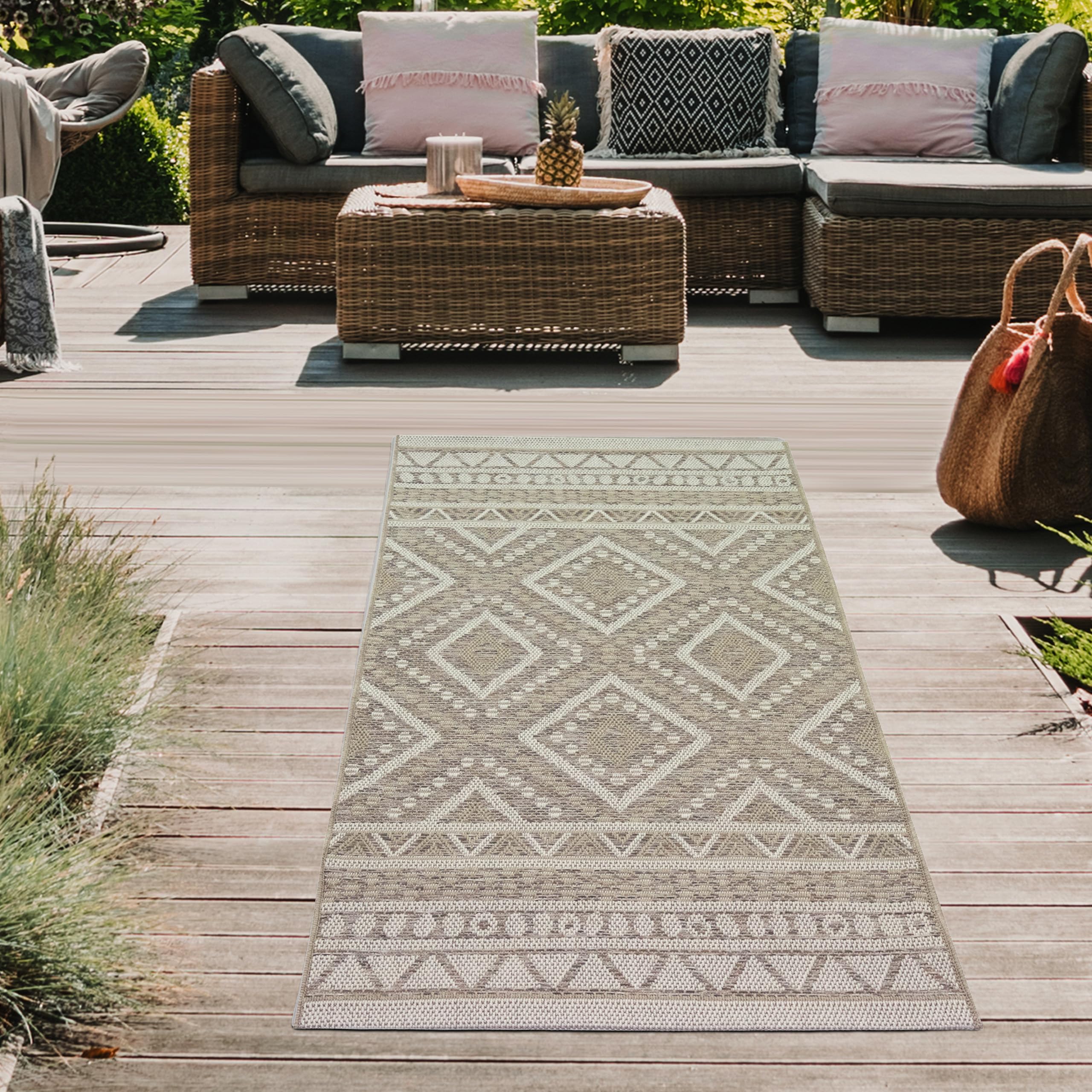 Teppich-Traum Tapis Intérieure et Extérieure Sisal Terrasse Balcon Cuisine Salle de Séjour - Motif À Losange - Beige crème Größe 80x150 cm