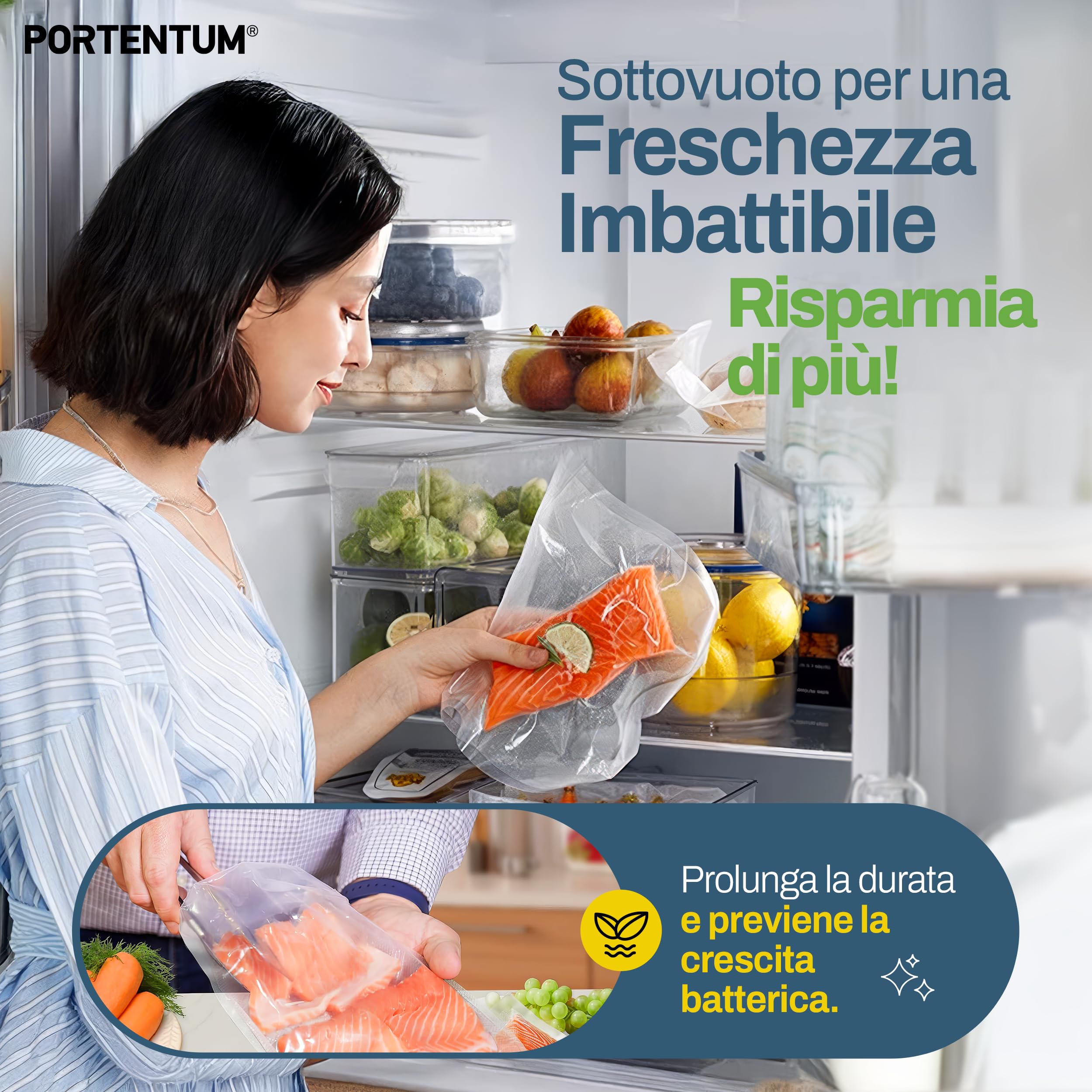 PORTENTUM Sacchetti Sottovuoto Alimneti, 3 rotoli 20 x 300 cm (totale 9 m) Sacchi commerciali per conservazione alimenti e cottura Sous Vide