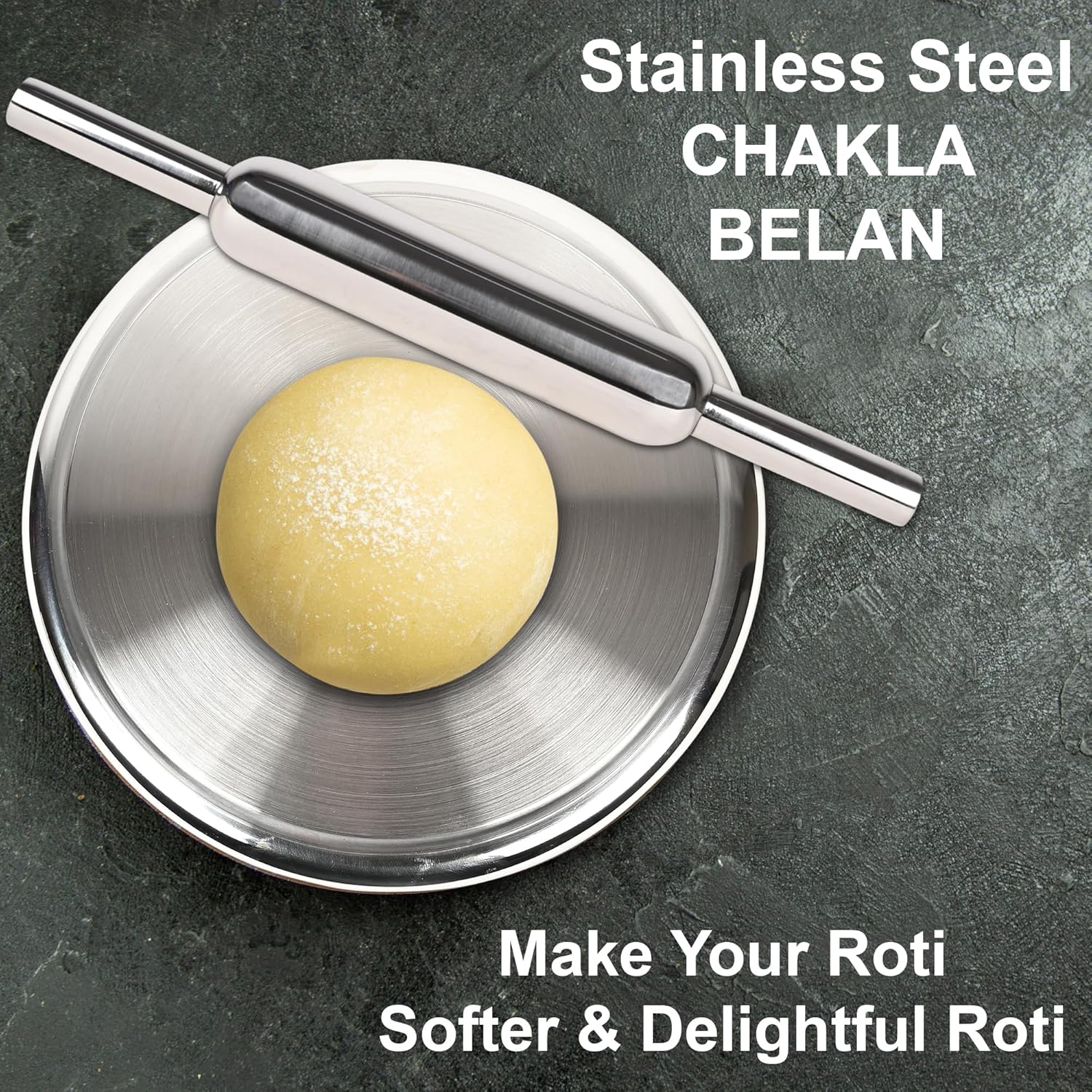 Stainless Steel Chakla Belan Set – 10-Inch Circular Board (Polpat) & 12-Inch Rolling Pin – Roti, Chapati & Paratha Maker – Durable Roti Rolling Set for Home & Kitchen