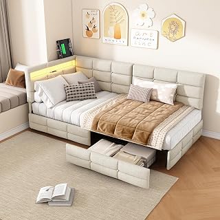 Polsterbett Einzelbett 90x200 cm, Bett mit LED mit 2 Schubladen Jugendbett 90x200cm Polsterbett 90x200 mit Bettkasten Einzelbett mit Stauraum LED und USB,Leinen ohne Matratze(Beige-6, 90x200)