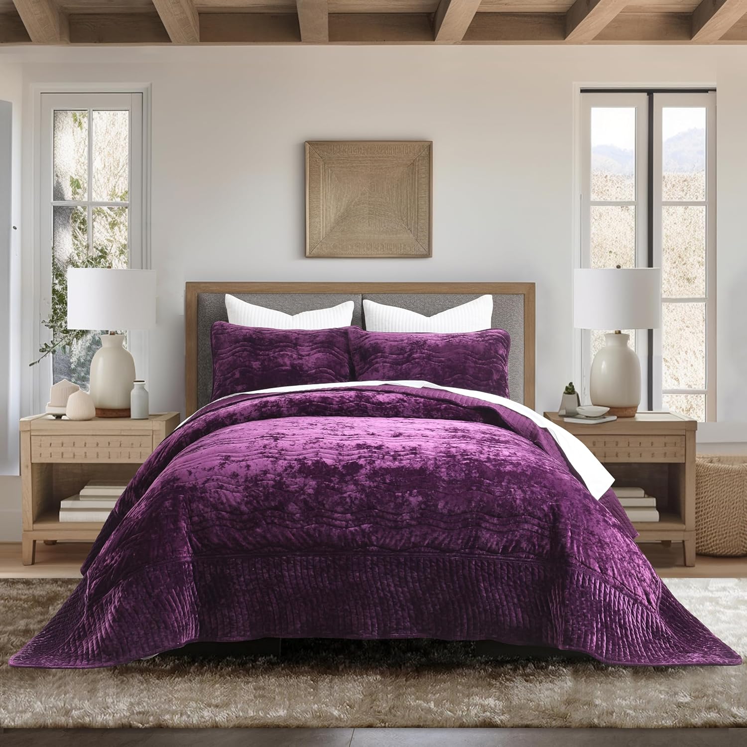 Velvet California King Size Quilt, Oversized California Comforter Set Purple Bedding Comforter Sets (118”*106”) with 2 Pillow Shams, Luxurious Quilt Set,All-Season 3 Pieces