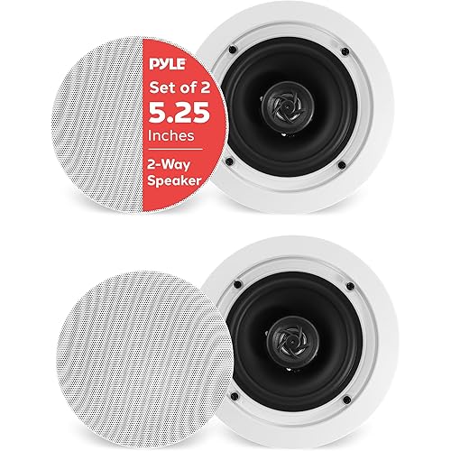 Pyle Pair 5.25” Flush Mount in-Wall in-Ceiling 2-Way Home Speaker System Spring Loaded Quick Connections Dual Polypropylene Cone Polymer Tweeter Stereo Sound 150 Watts (PDIC1651RD) White