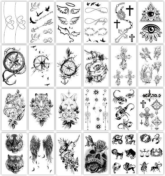 Yazhiji 36 Sheets Temporary Tattoos Stickers, 12 Sheets Fake Body Arm Chest Shoulder Tattoos for Men or Women with 24 Sheets Tiny Black Temporary Tattoos