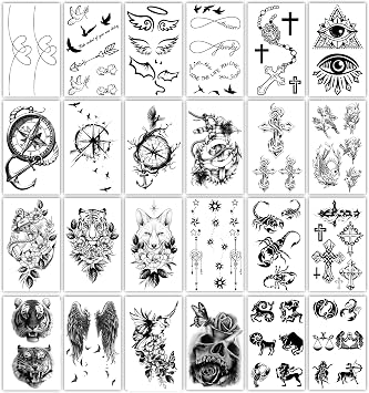 Yazhiji 36 Sheets Temporary Tattoos Stickers, 12 Sheets Fake Body Arm Chest Shoulder Tattoos for Men or Women with 24 Sheets Tiny Black Temporary Tattoos