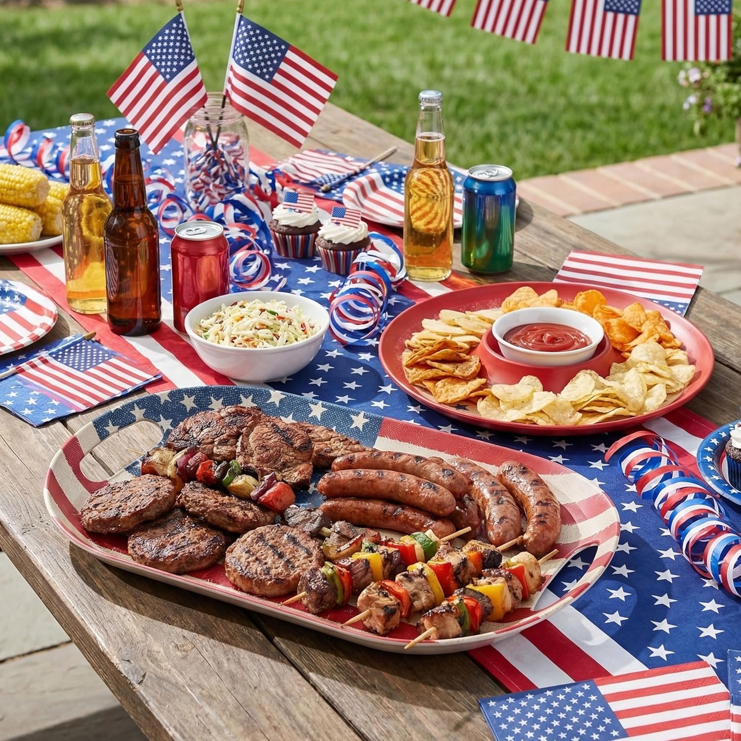 Kingen American flag Patriotic theme party supplies, 18'' Rectangle and 13'' Round Set of 2 Extra-Large Bamboo Serving Trays, Independence Day, Reusable and Dishwasher Safe