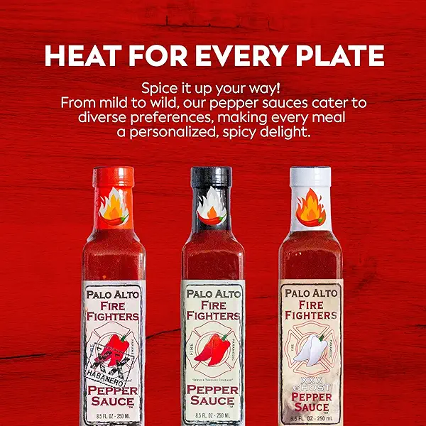 Palo Alto Firefighters Pepper Sauce Variety Pack (8.5oz) - Pack of 3 (Original, Habanero, Ghost Pepper) - Salt Free Pepper Plant Hot Sauce, No Sodium Hot Pepper Sauce, No Salt Sauces 7