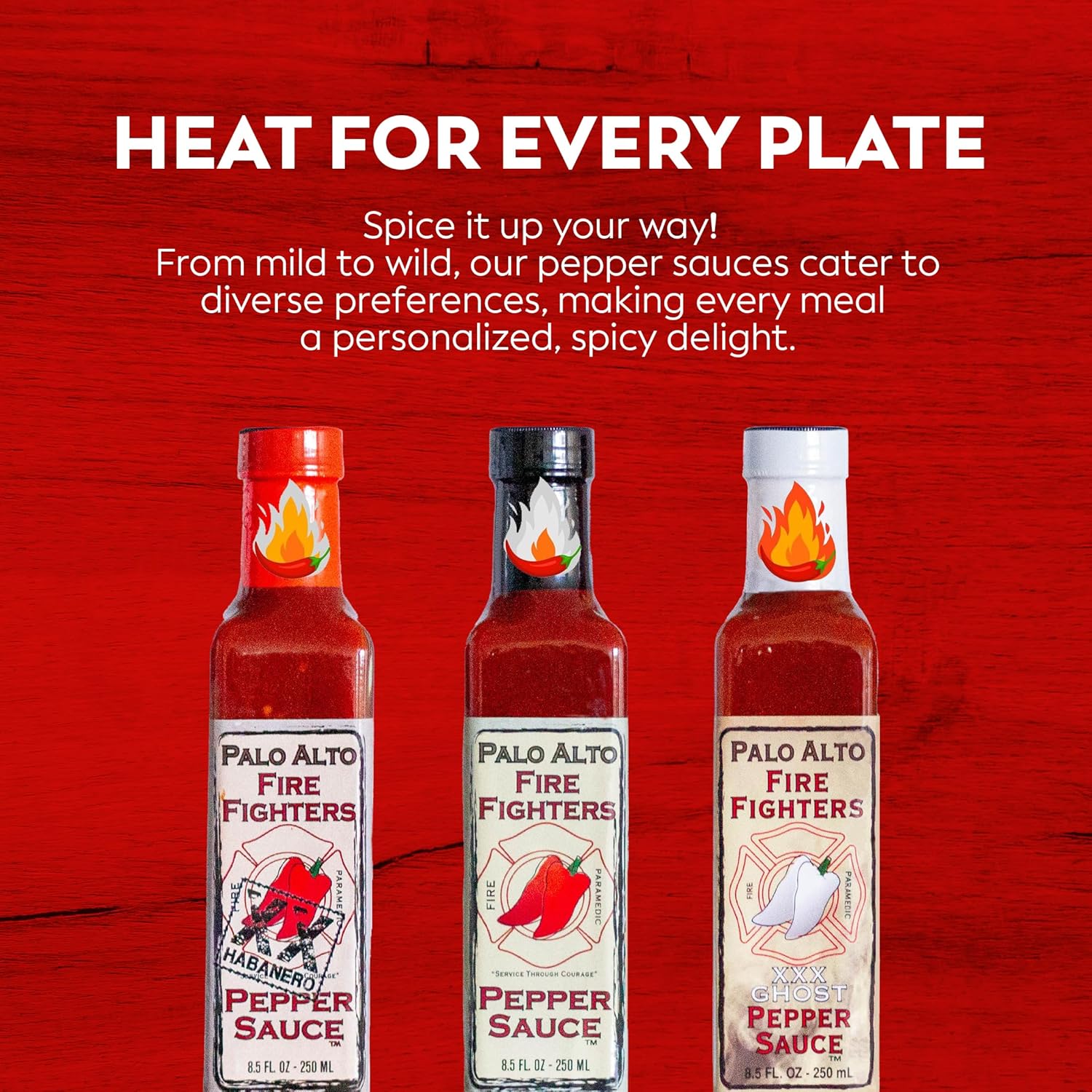 Palo Alto Firefighters Pepper Sauce Variety Pack (8.5oz) - Pack of 3 (Original, Habanero, Ghost Pepper) - Salt Free Pepper Plant Hot Sauce, No Sodium Hot Pepper Sauce, No Salt Sauces