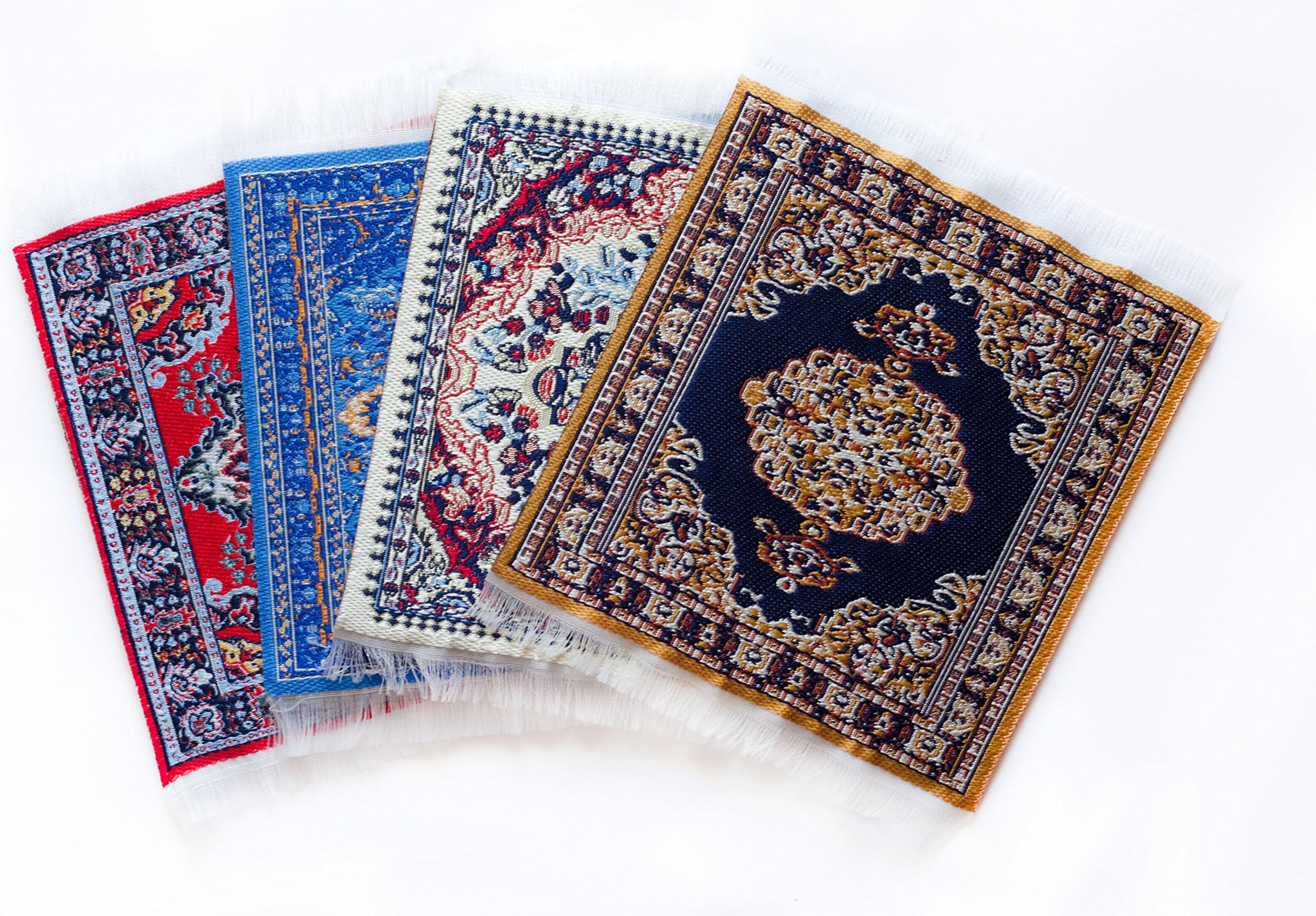 Turkish Carpet Coasters Set Of 4 – Mini Non-Slip Drink Mats With Fringe, Protective And Decorative For Home Or Office | Dining Accessory