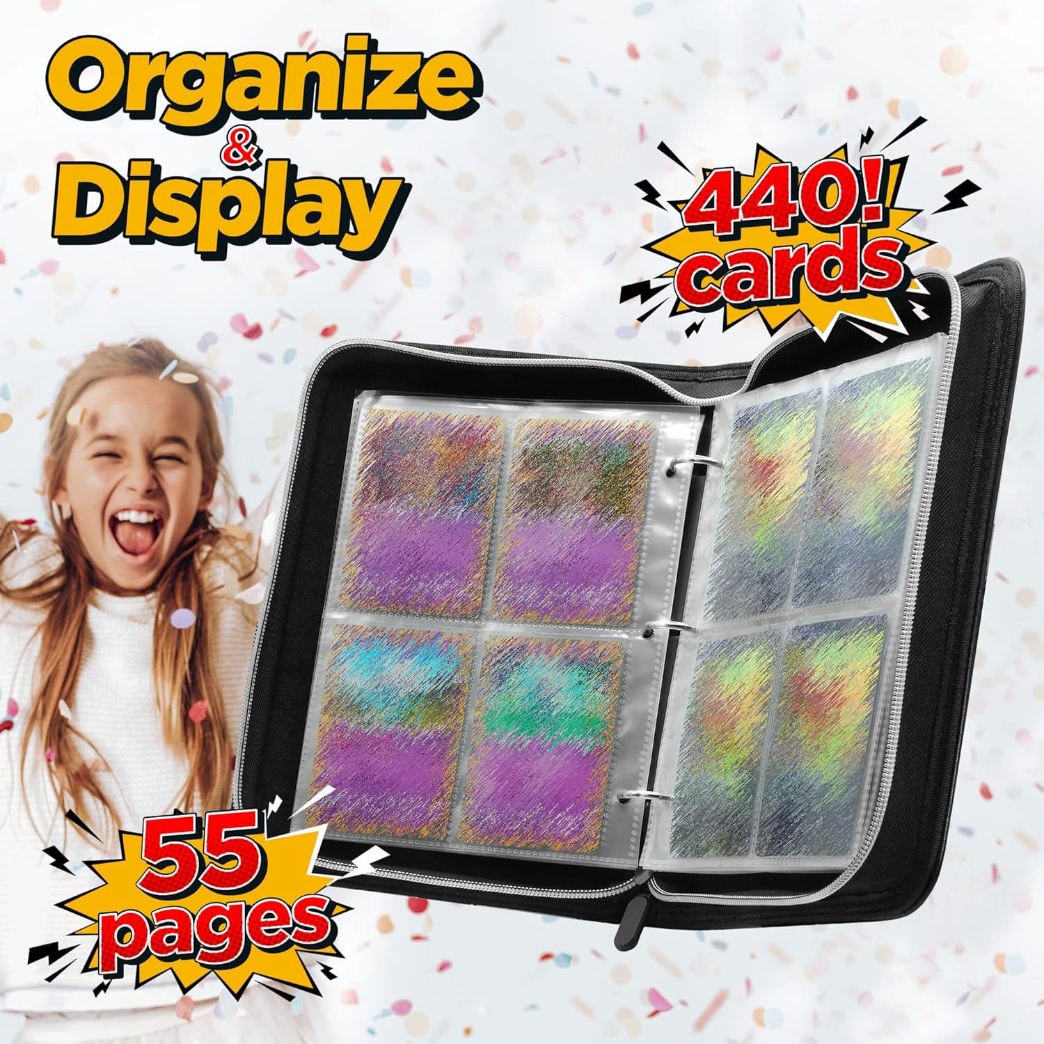 Trading Card Binder, 4 Pockets Card Holder, 55 Double Sided Removable Pages, 440 Card Sleeves, Toploader Binder, Portable Album Holder, Storage Box for Trading Cards