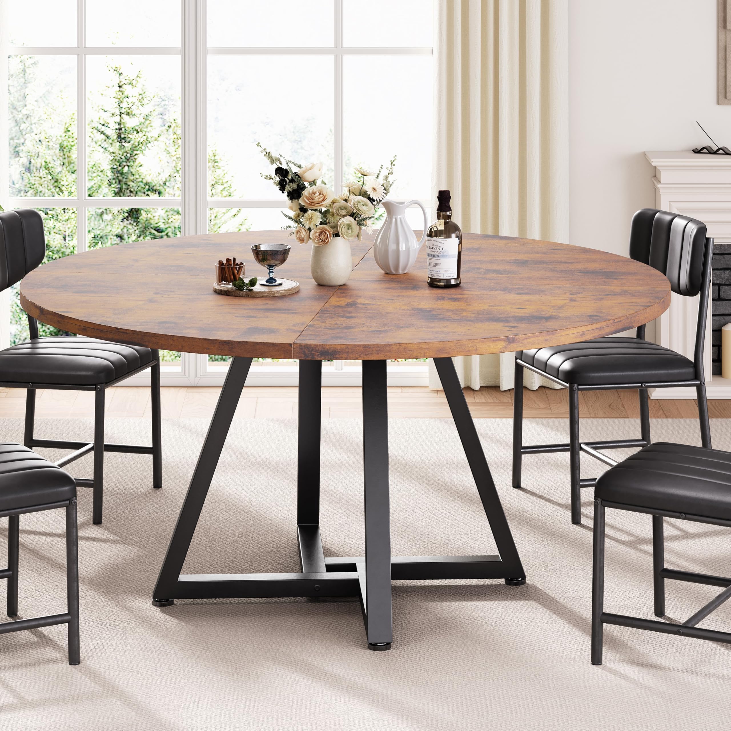 Jocoevol Runder Esstisch für 2–4 Personen, Küchentisch mit stabilem Metallgestell, platzsparender Esszimmertisch im Industrial Design (Vintage Braun, 107x107x76cm)