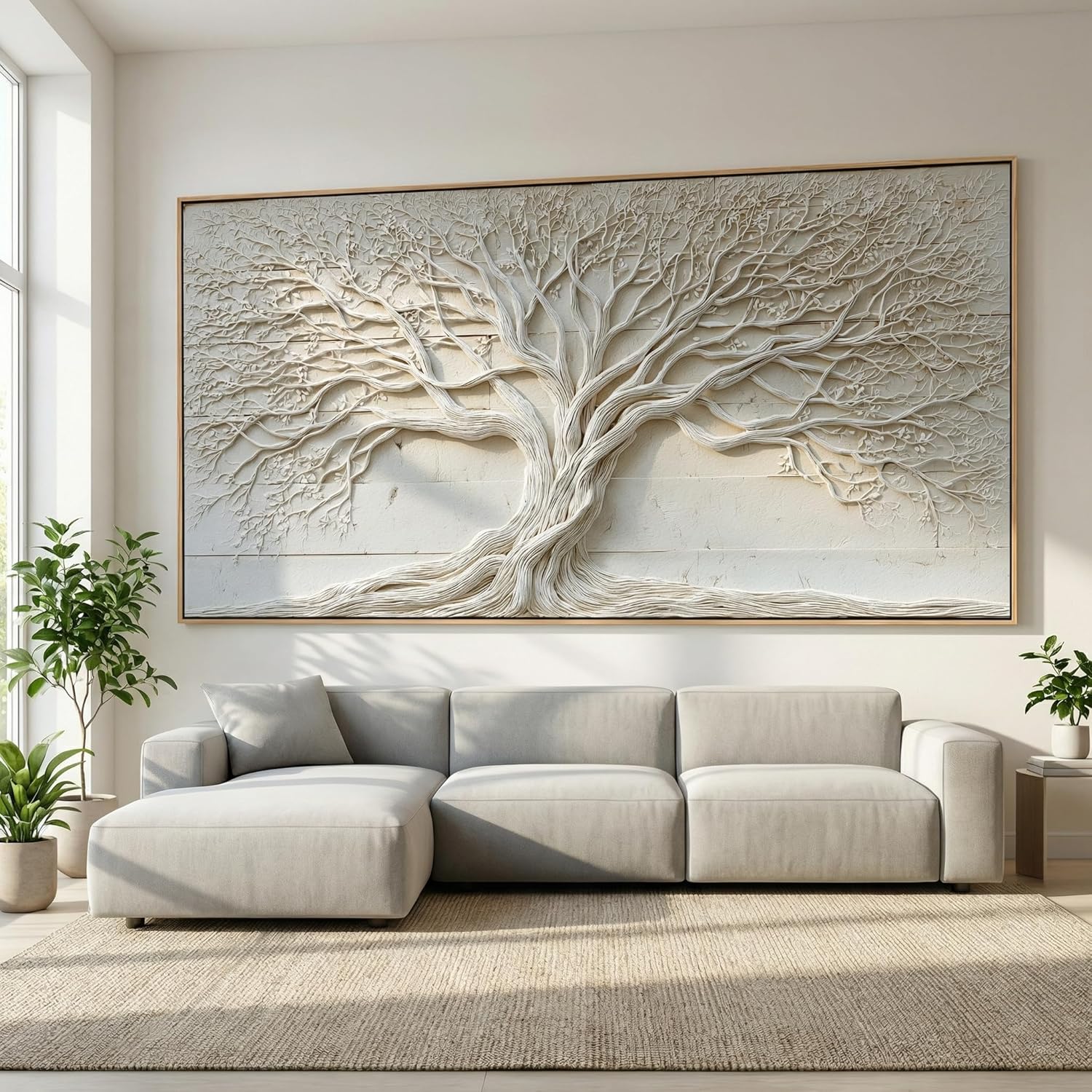 Tree of Life Wall Art White Relief Sculpture Canvas Prints Natural Framed Large Statement Piece 20 x 40 Inches Ready to Hang for Bedroom Living Room Office Hallway Home Decor
