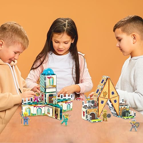 Miniatura 2 de PicassoTiles 70 piezas de azulejos temáticos medievales y castillos 2 en 1 8 personajes figuras de acción de personajes azulejos magnéticos bloque