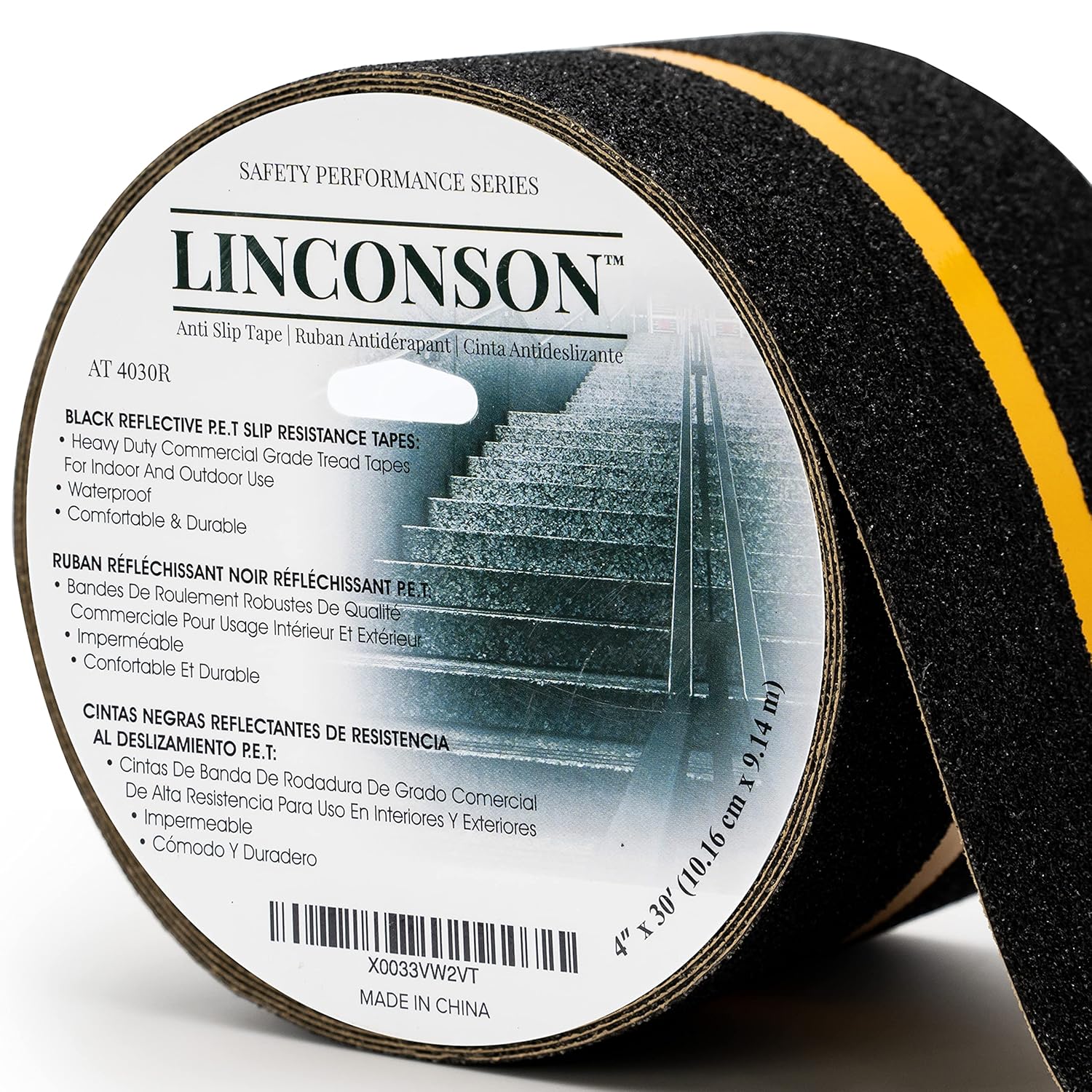 linconson 4 Inch x 30 Feet Reflective Anti Slip Grip Tape, Black Outdoor High Traction Non-Skid Tape with Adhesive Backing and Reflective Stripe