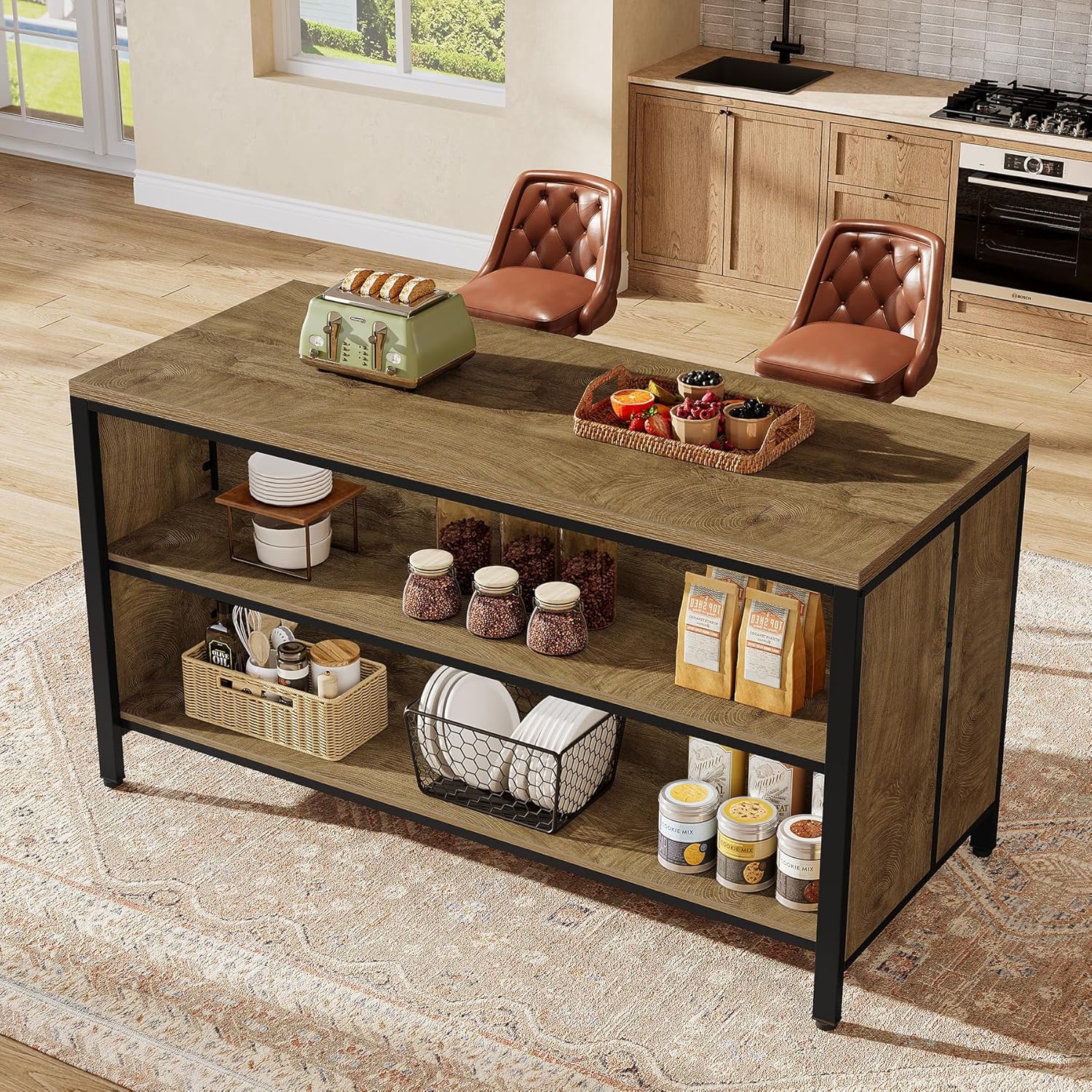 Tribesigns 62.99" Kitchen Island with Storage and Seating - Farmhouse Stationary Island Table, Large Countertop & Sturdy Metal Frame, Coffee Bar Cabinet for Kitchen/Dining Room, Rustic Brown & Black