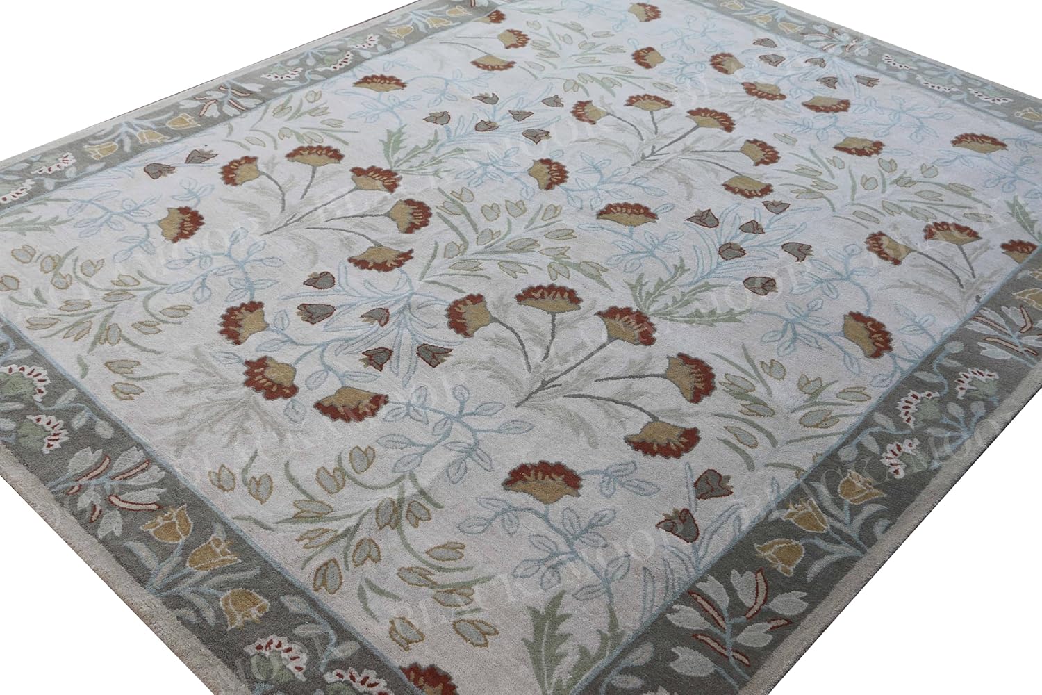 Handmade Wool Area Rug 9x12, Traditional Floral Living Room Bedroom Carpet, Soft Plush Feel, Durable Handcrafted Decorative Rug, Non-Shedding, Farmhouse Home Décor