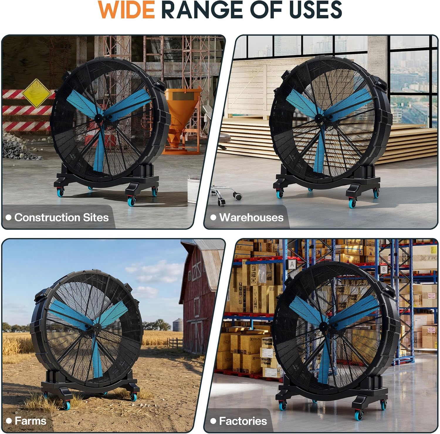 Albott 60 Inch Industrial Drum Fan, 600W Plastic High Velocity Floor Fan with Wheels and Stepless Variable Speed, Air Flow 24,700 CFM, Ideal for Commercial, Garage, Warehouse, Workshop, Factory