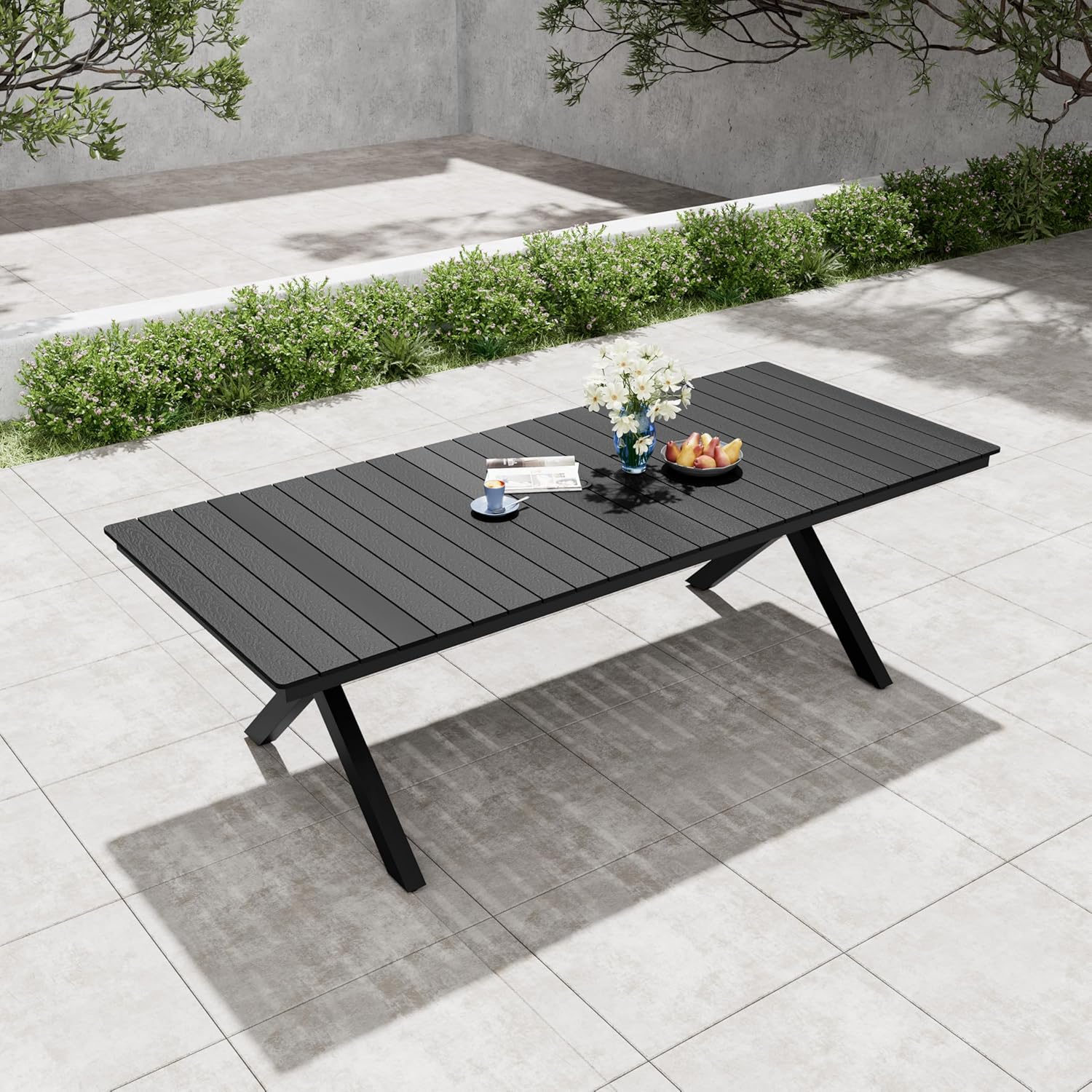 Pellebant 94" Outdoor Dining Table for 8-10, 8ft Aluminum Patio Table with Umbrella Hole, Weather Resistant Black Wood Grain Tabletop and Sturdy Frame for Deck, Porch, Backyard