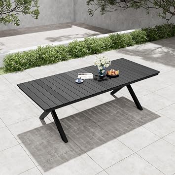 Pellebant 94" Outdoor Dining Table for 8-10, 8ft Aluminum Patio Table with Umbrella Hole, Weather Resistant Black Wood Grain Tabletop and Sturdy Frame for Deck, Porch, Backyard