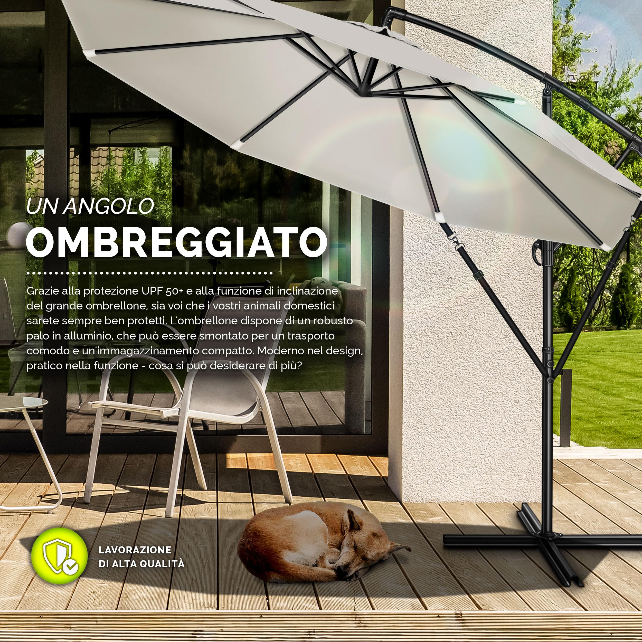 Tillvex Ombrellone da Giardino Ø 300 cm Alluminio Con Protezione UV Impermeabile Base Inclusa